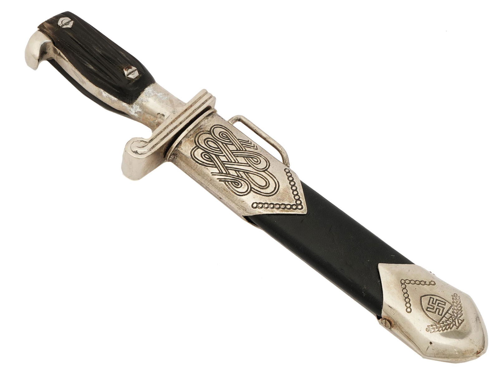 WWII GERMAN 3RD REICH MINIATURE RAD HEWER DAGGER: A WWII German Nazi Third Reich miniature Rad Labor Korps EM hewer dagger with a scabbard. The front of the etched steel blade reads in German, Arbeit adelt, Labor Is Ennobling. Completed with the blue