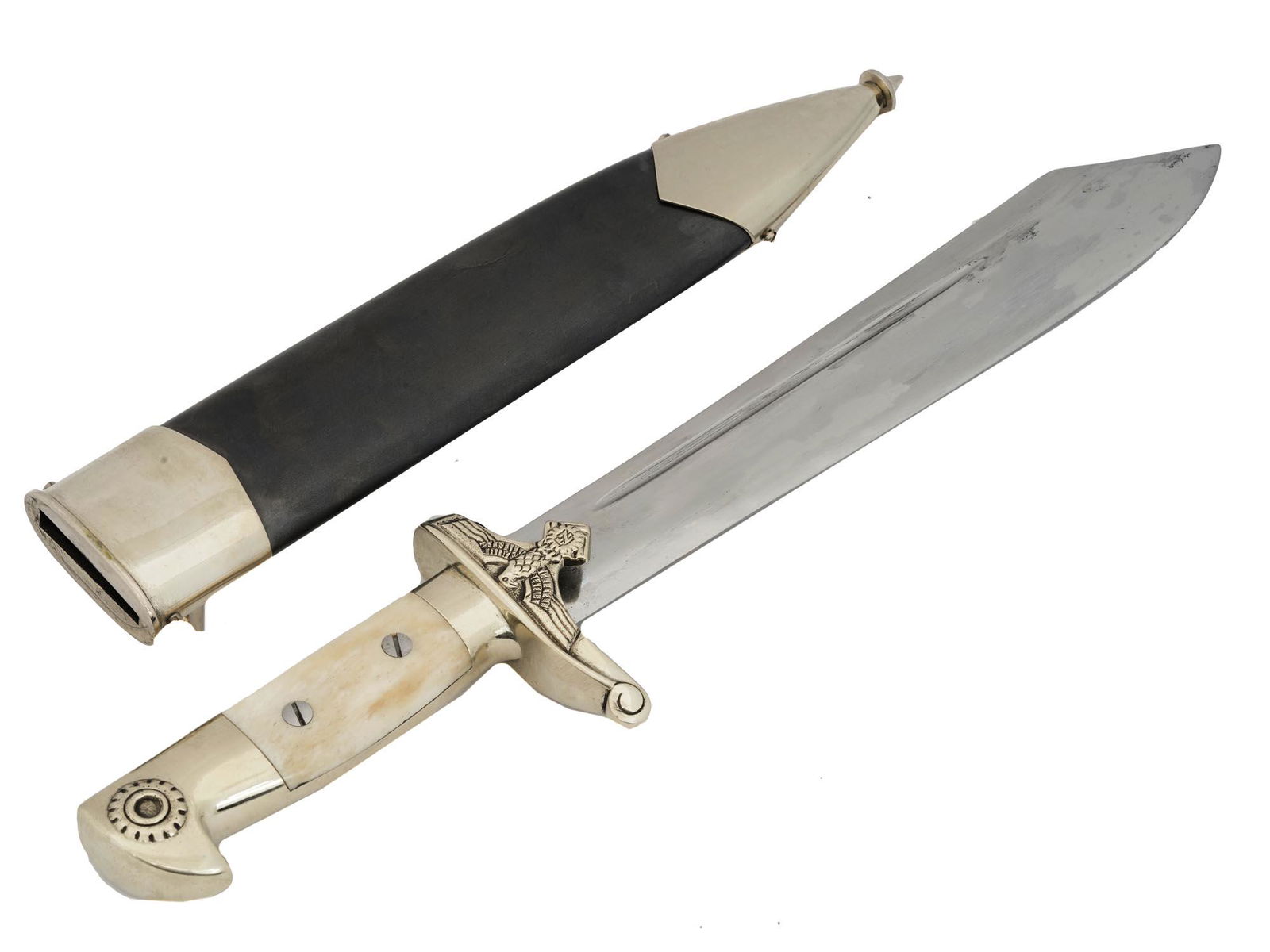 WWII GERMAN THIRD REICH TENO EM DAGGER W SCABBARD: A rare WWII era German Nazi Third Reich Technical Emergency Corps Teno EM dagger with a scabbard. The ricasso is engraved with a relief Nazi eagle swastika insignia. Marked with an etched Ges Gesch ea