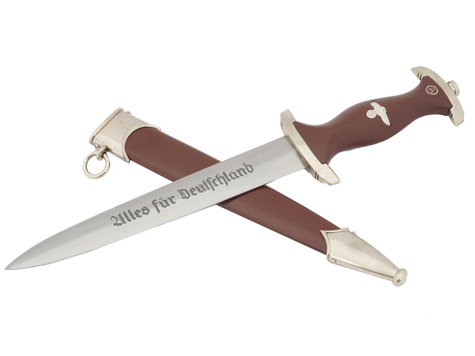 WWII GERMAN NAZI SA DAGGER BY BOKER SOLINGEN: A WWII German Third Reich Nazi SA dagger by Boker Solingen. A grip is adorned with a gilded enamel eagle swastika and SA insignia on the front. A blade is engraved with the motto, Alles Fur Deutschlan