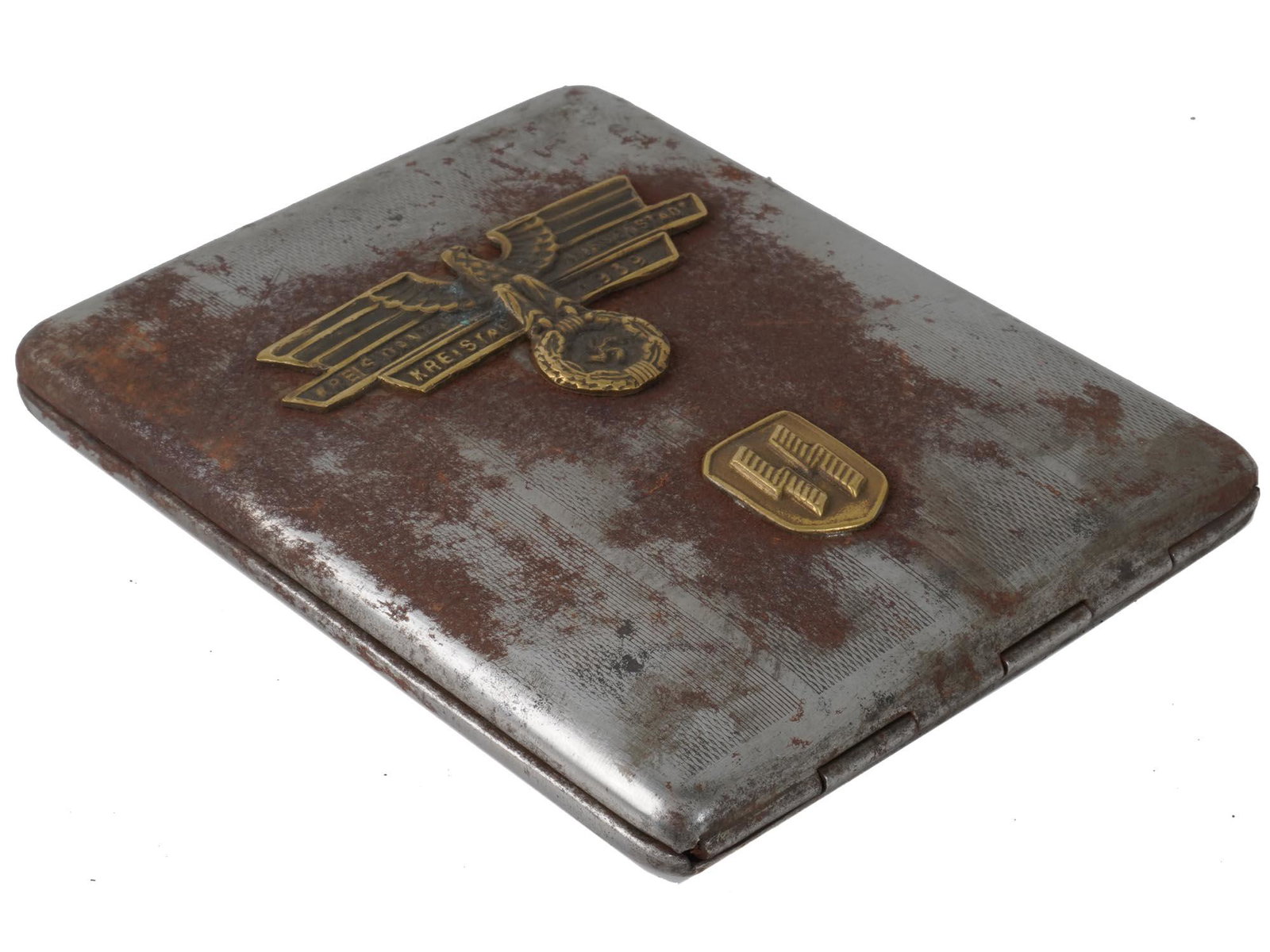 GERMAN NAZI WWII WAFFEN SS CIGARETTE CASE: A World War II period Geman Nazi cigarette case made of silver tone metal and decorated on the lid with a gold tone eagle shaped emblem inscribed in German: Kreis Danzig Aussenstadt Kreistag 1939 and 