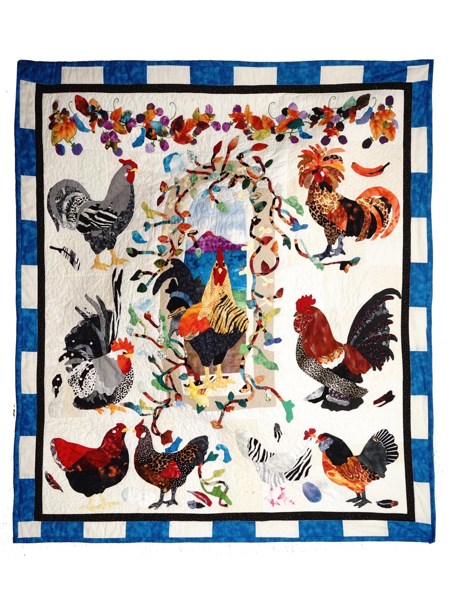CONTEMPORARY COCK PATTERN PATCHWORK QUILT SIGNED (1 of 8)