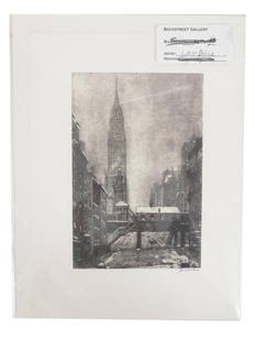 AMERICAN NEW YORK CITY ETCHING BY LEON DOLICE: Leon Louis Dolice, American, 1892 to 1960, etching on paper, East 34th Street with Empire State Building, 1951. Signed in pencil lower right. Louis Leon Dolice was an Austrian born artist who moved to