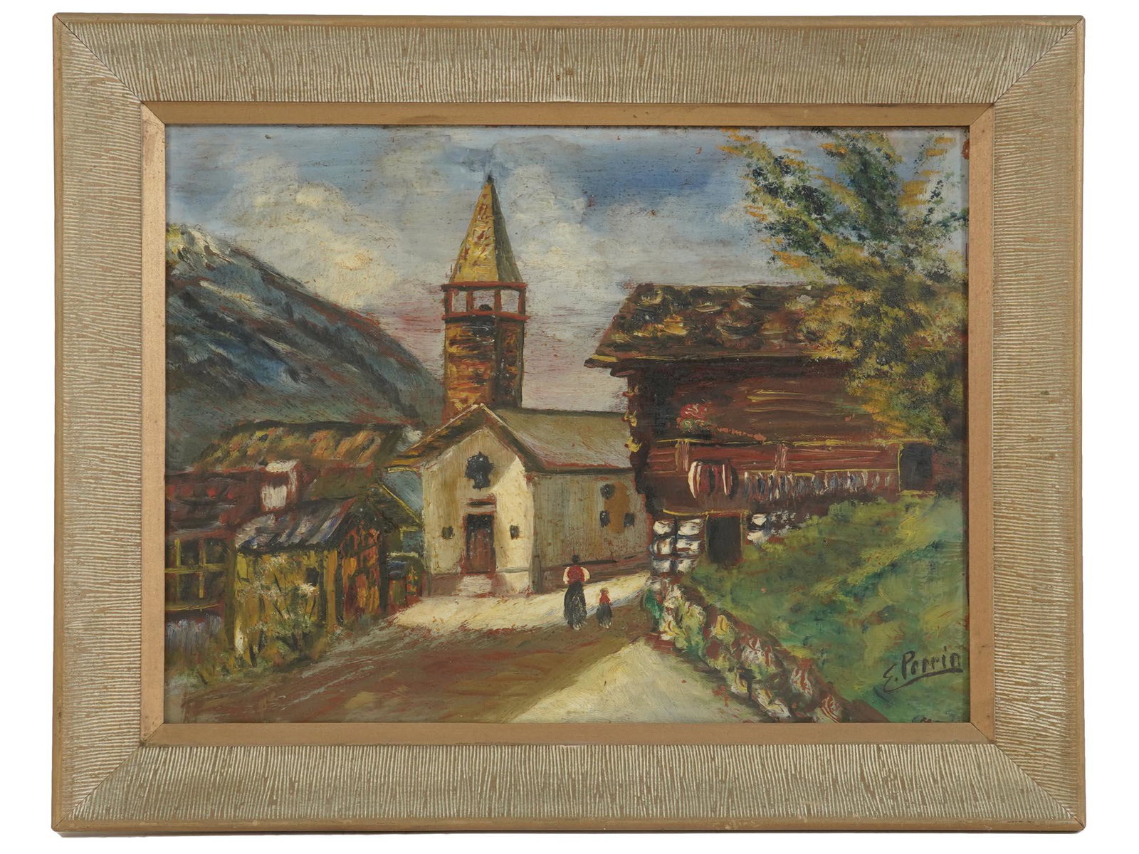 FRENCH IMPRESSIONIST OIL PAINTING BY E PERRIN: E. Perrin, a French 20th century artist, oil painting on board depicting a rural street scene. Circa: 1950s to 1960s. Signed lower right. Framed. Additionally inscribed and dated on the back. E. Perri