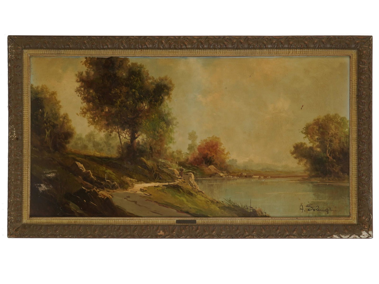 ANTIQUE RIVER LANDSCAPE PAINTING SIGNED SOLENGHI: Oil on canvas landscape depicting a river shore during autumn. Signed Solenghi in the lower right and on the frame. Giuseppe Solenghi, 1879-1944, was an Italian artist depicting mainly landscapes and 