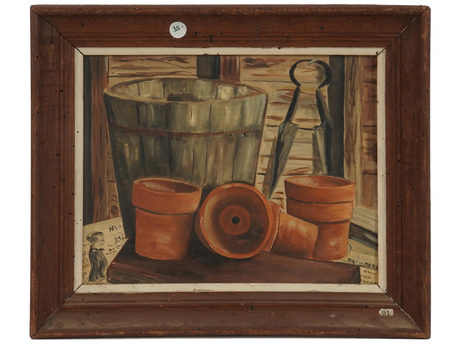 AMERICAN STILL LIFE PAINTING BY MANUEL BROMBERG: Manuel Bromberg, oil on canvas still life painting with a wooden bucket, garden pots, and scissors. Signed by the artist lower right. Circa the mid 20th century. Framed. Manuel Bromberg, 1917 to 2022,