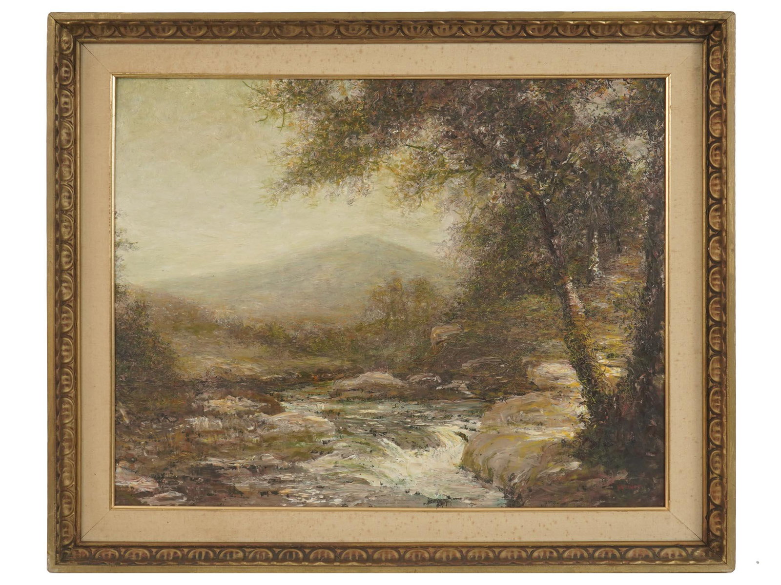 JOHN NATCHUK AMERICAN OIL ON BOARD PAINTING: John Natchuk, American, 20th century, oil on board painting depicting a landscape with a stream and mountain in the distance. Signed lower right. Housed in an old gilt wood frame. Dated from the first