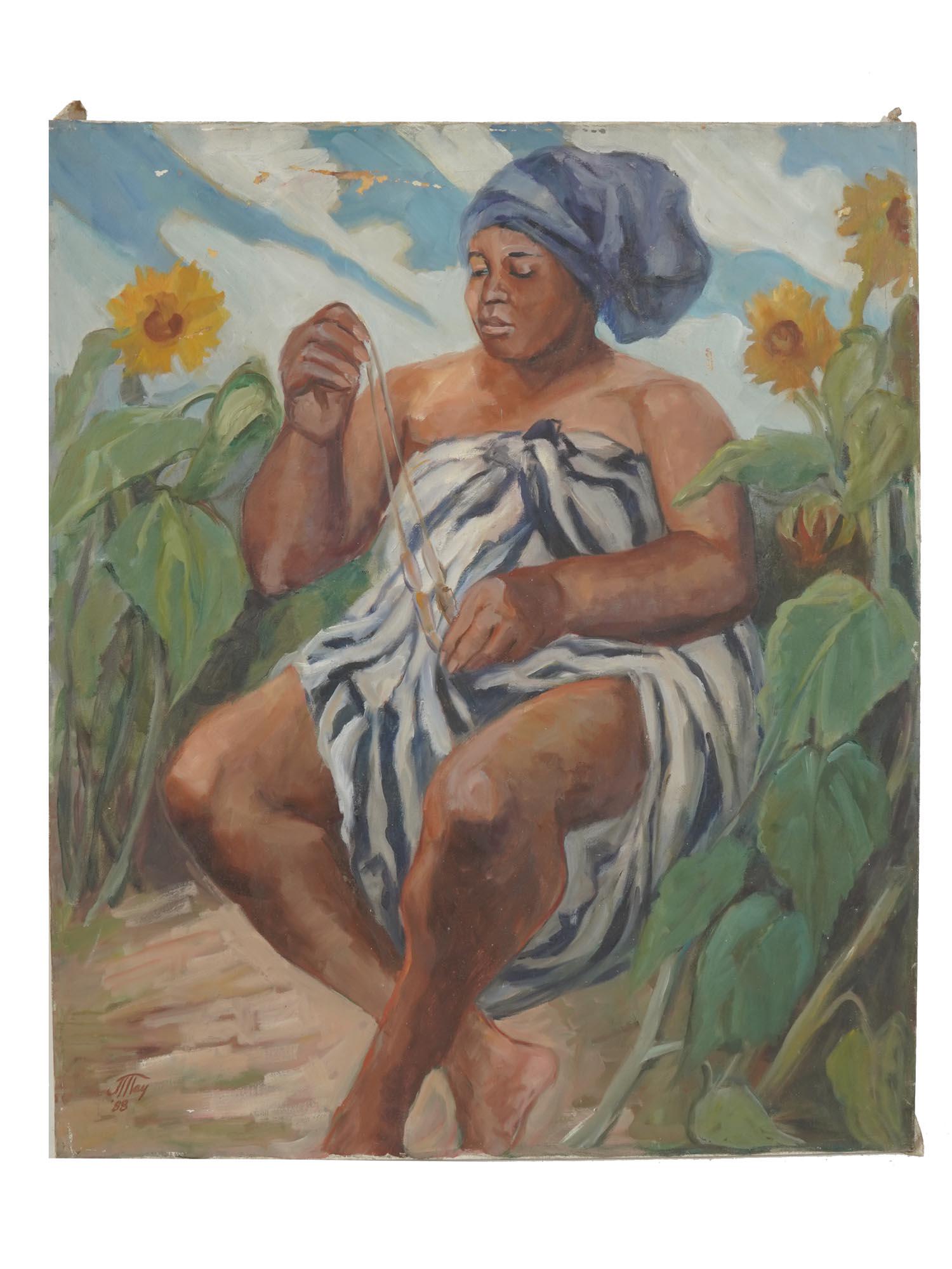 MODERNIST OIL ON CANVAS PAINTING OF A WOMAN, 1988: A vintage Post Impressionist oil on canvas painting depicting a woman dressed in a striped dress sitting among sunflowers. Presumably American, illegibly signed and dated lower left. One of a kind art