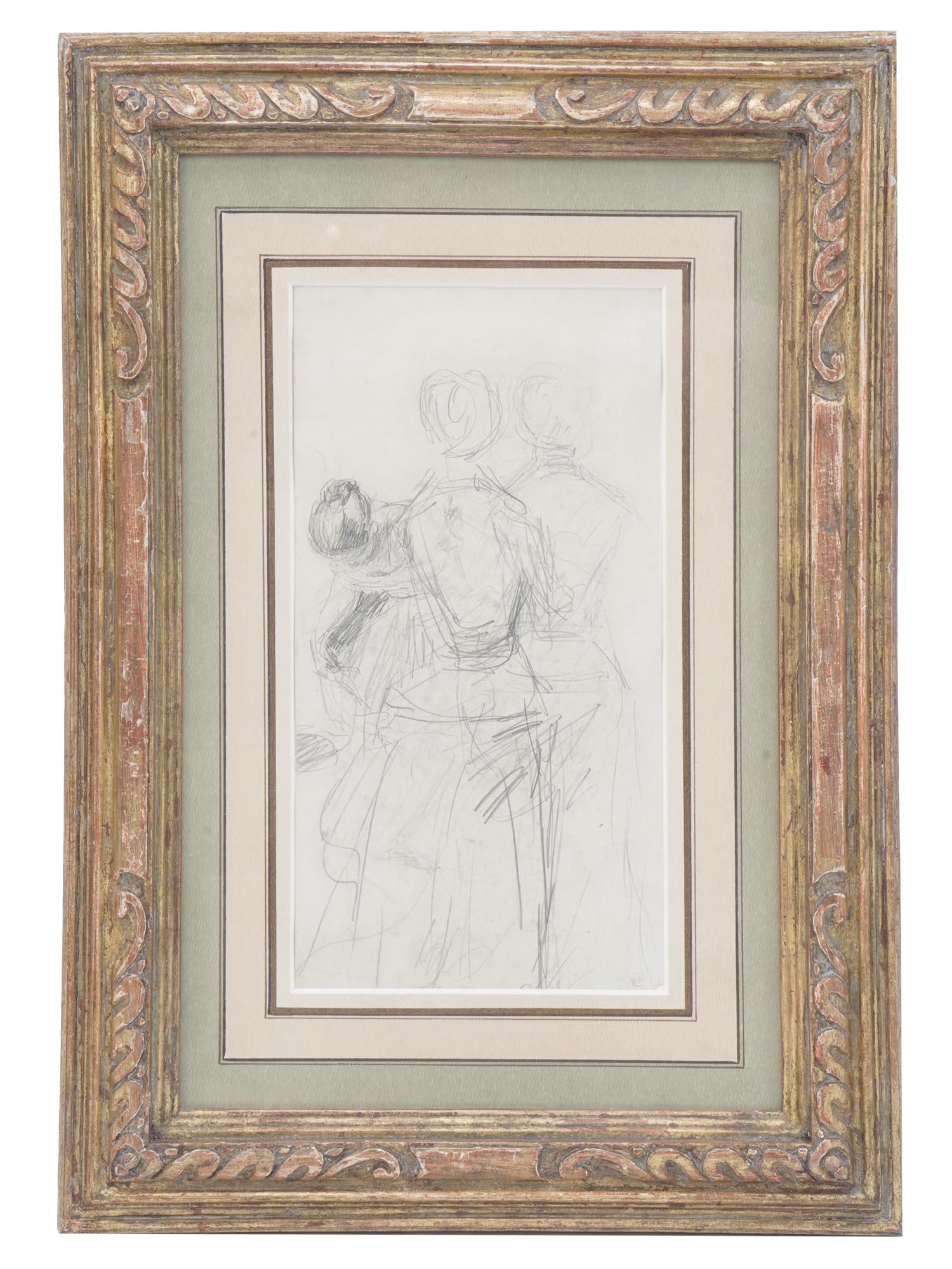 ANTIQUE PENCIL DRAWING OF DANCERS SIGNED RENOUARD (1 of 8)
