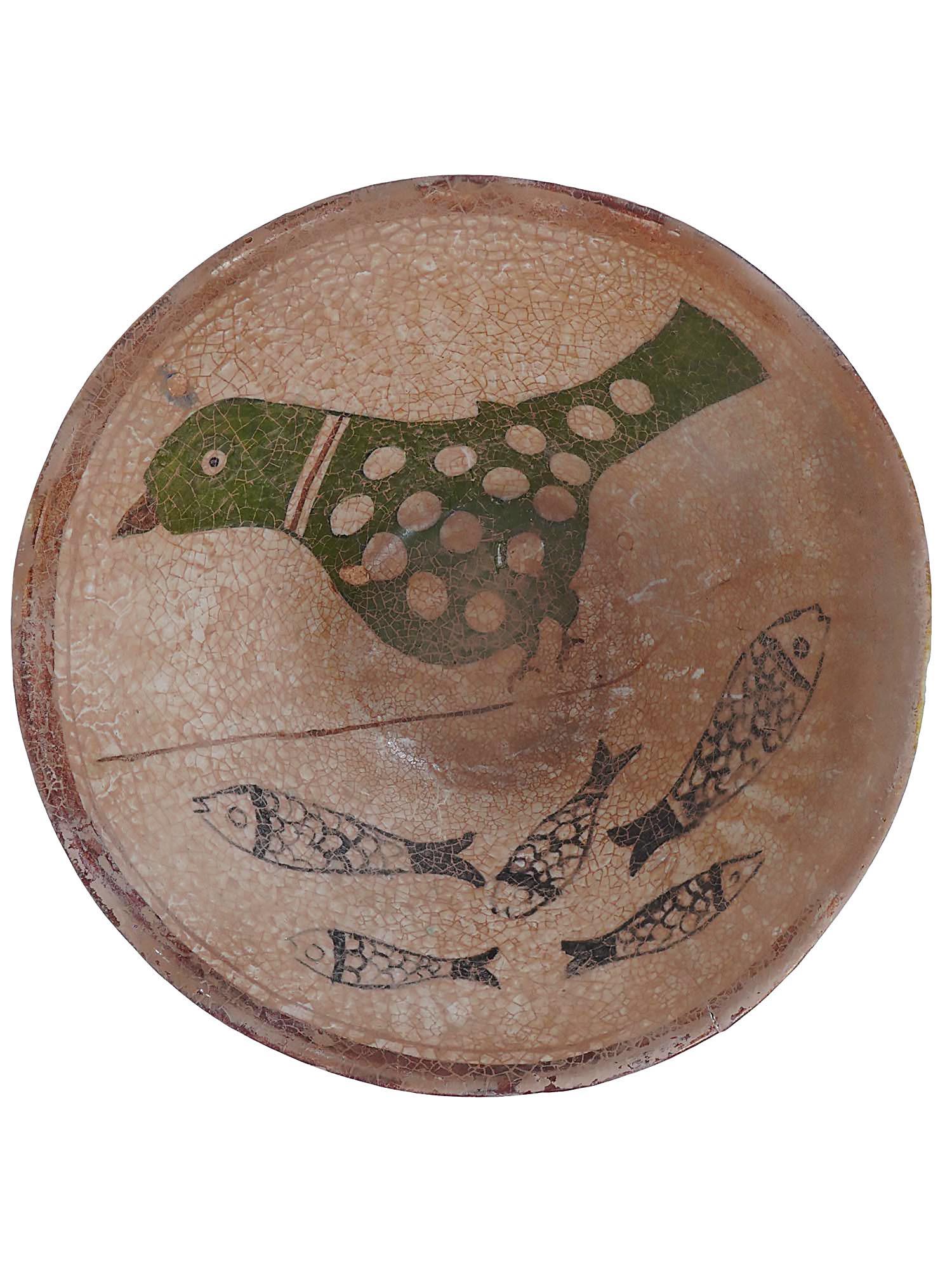 ANTIQUE PERSIAN CERAMIC BOWL WITH BIRD AND FISH (1 of 3)