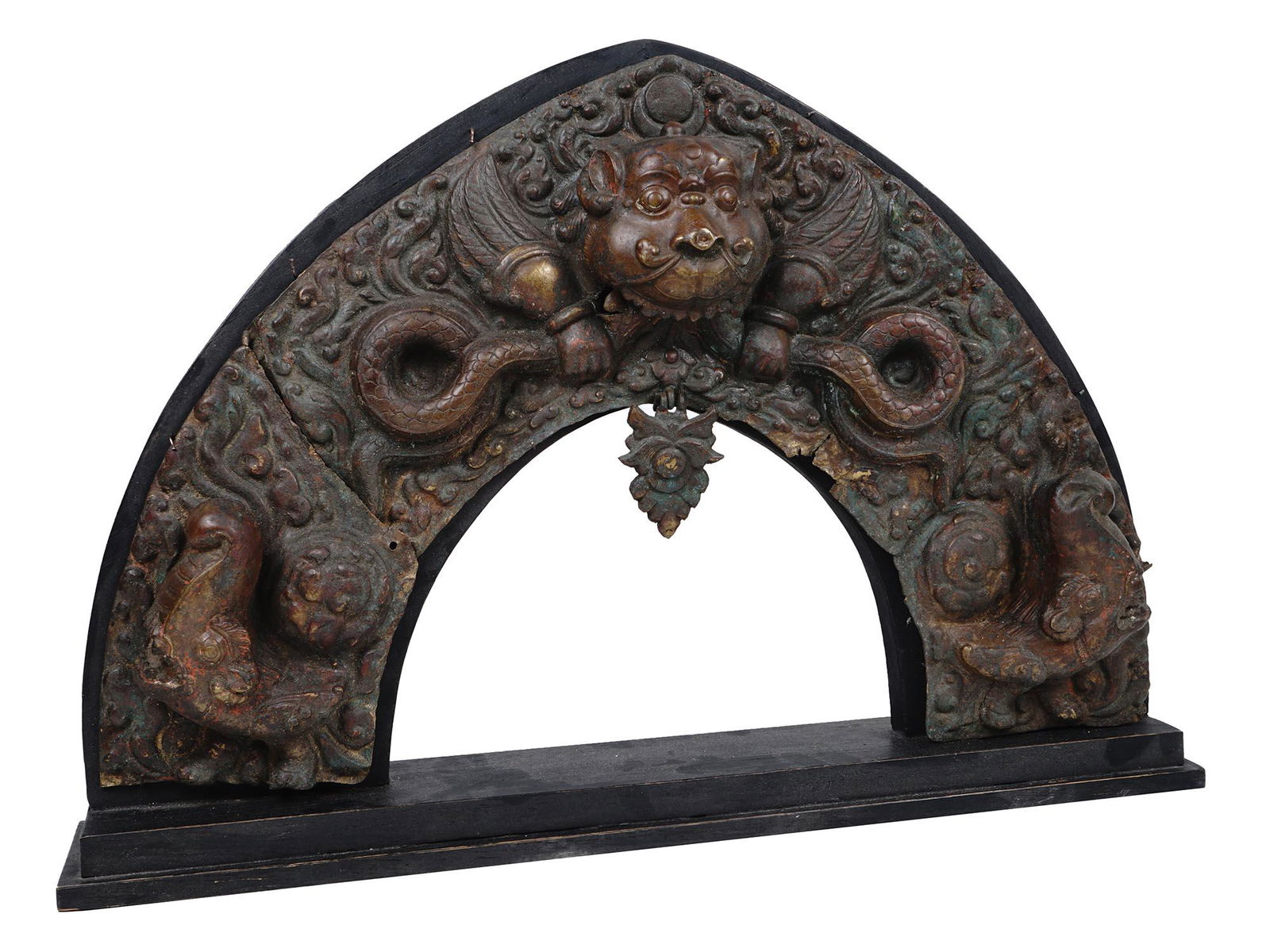 ANTIQUE NEPALESE PATINATED EMBOSSED BRASS TORANA (1 of 9)