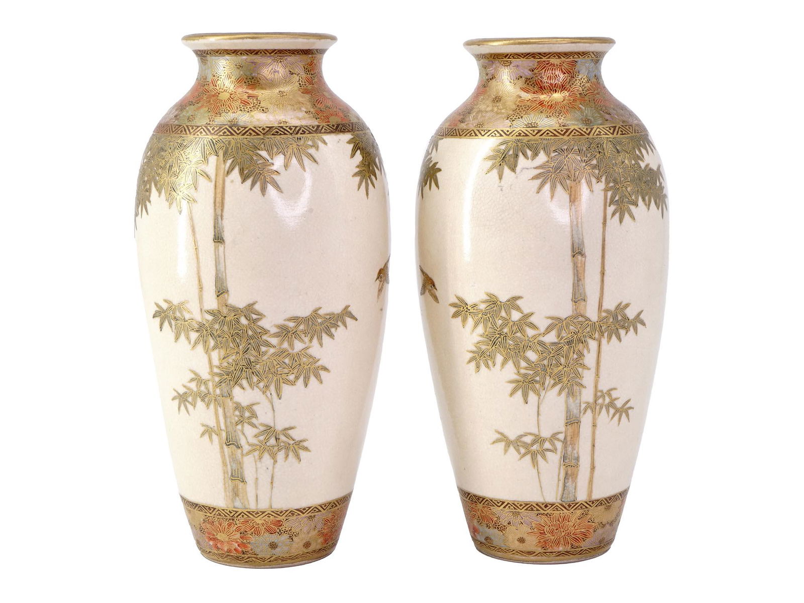 ANTIQUE JAPANESE SATSUMA PORCELAIN VASES W BAMBOO (1 of 6)
