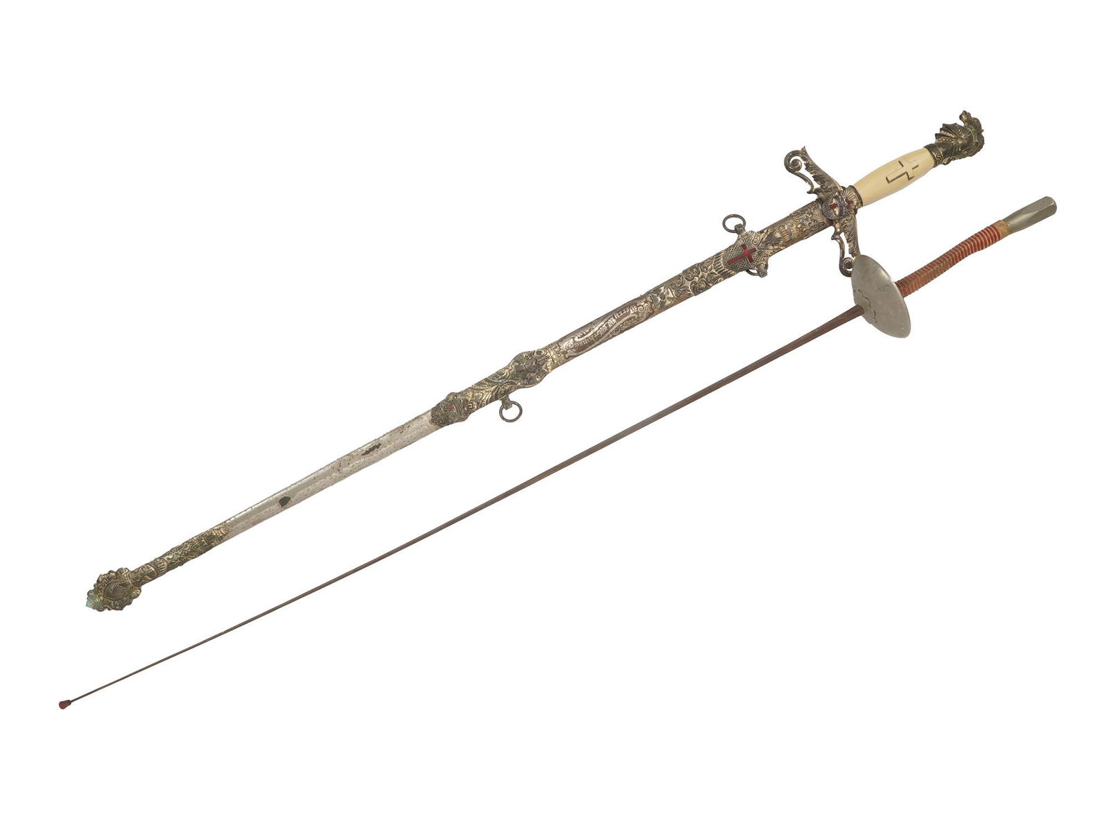 MASONIC CEREMONIAL SWORD AND ANTIQUE FRENCH EPEE: A vintage Masonic Knights Templar York Rite ceremonial sword with a blade engraved with a Memento Mori lettering and a crowned Passion cross, other decorations, the owners name, and the manufacturer i