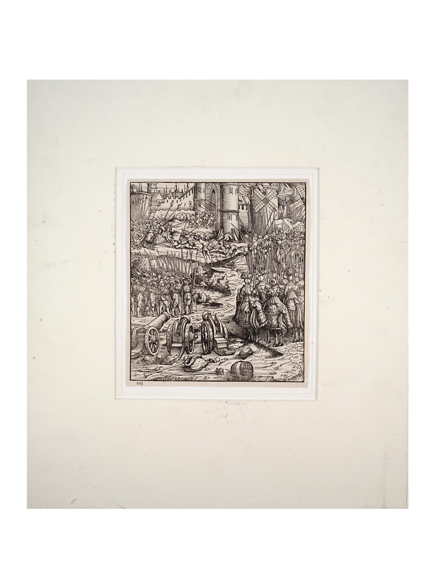 ANTIQUE 1775 WOODCUT TOWN SIEGE BY HANS BURGKMAIR: An antique woodcut print representing a siege of a medieval town. The print is an illustration for Der Weisskunig, The White King, a chivalric novel written by Maximilian I, 1486â€“1519, Holy Rom
