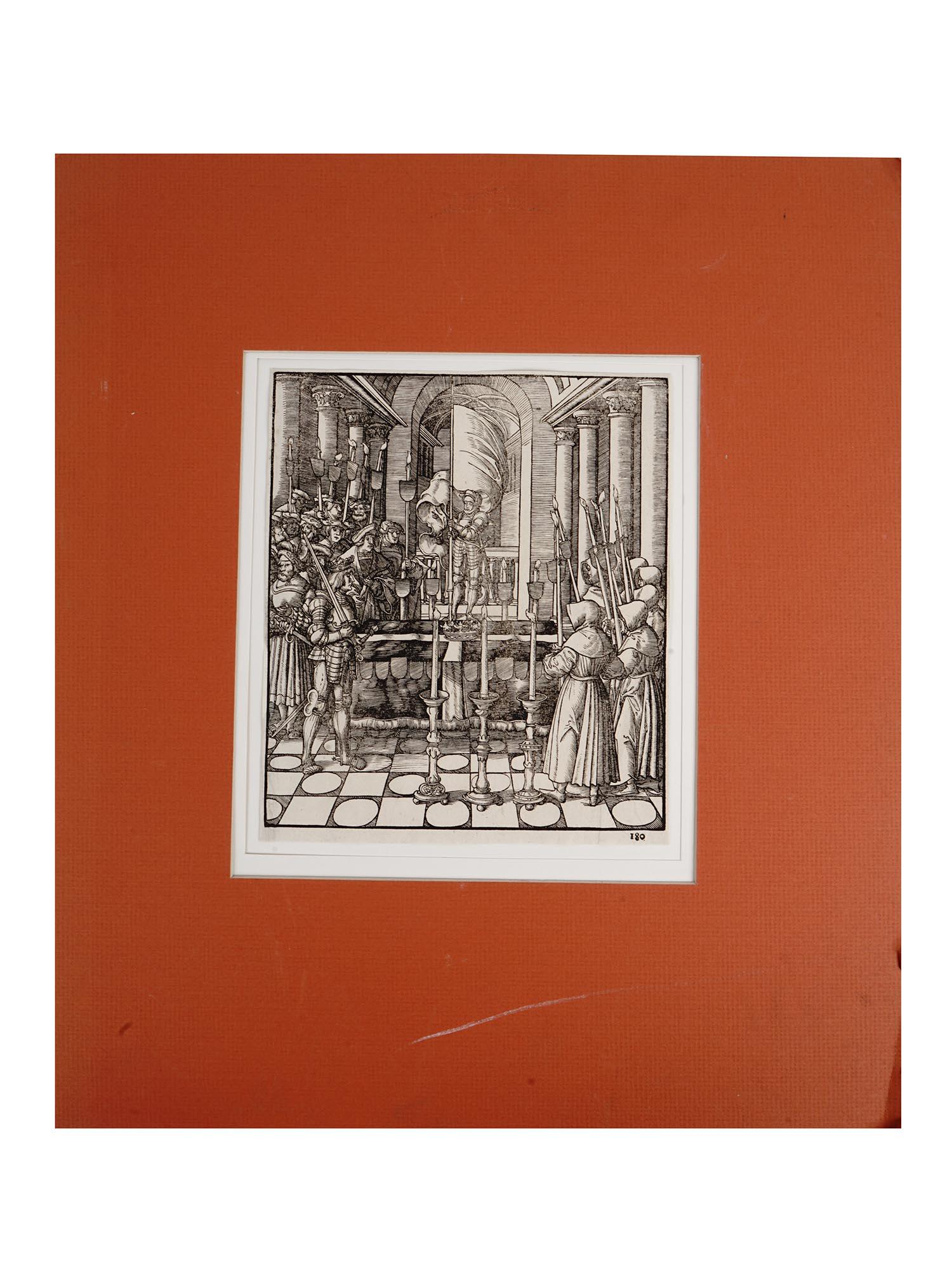 ANTIQUE WOODCUT MEDIEVAL KNIGHTS BY LEONHARD BECK: An antique woodcut print representing a medieval scene, knights and monks with torches gathering around a coffin inside the church. The print is an illustration for Der Weisskunig, The White King, a c