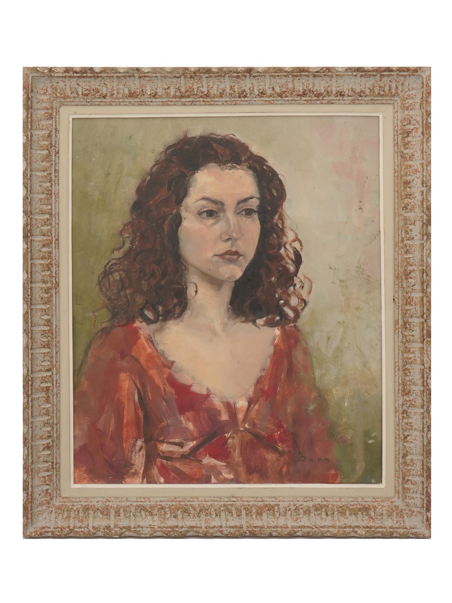 RUSSIAN FEMALE PORTRAIT OIL PAINTING BY BEN BENN: Ben Benn, Russian Soviet, American, 1884 to 1983, oil painting on canvas depicting a portrait of a woman. Signed lower right. Framed. Ben Benn is known for the Mod genre, still life, landscape. Benn B
