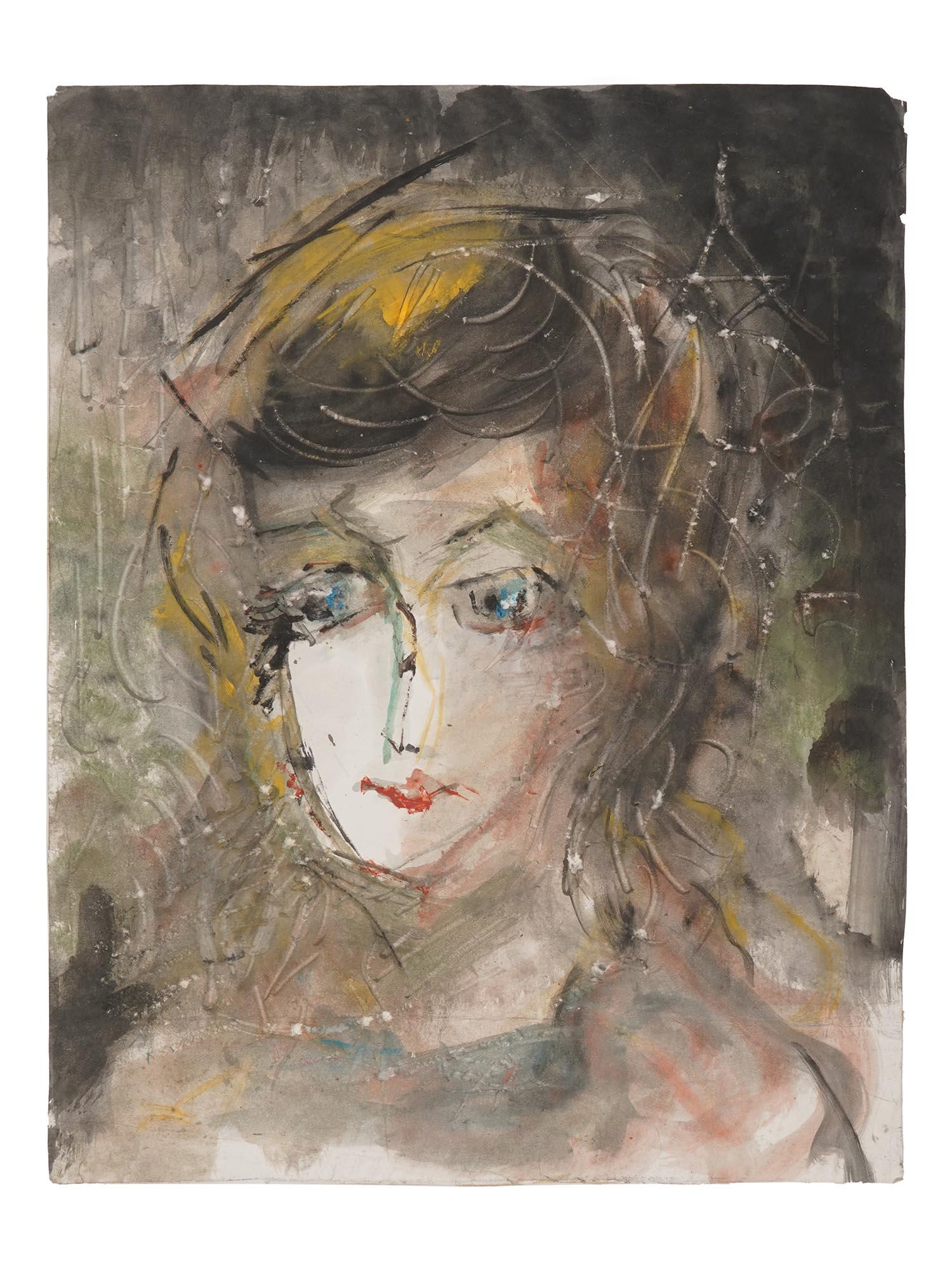 RUSSIAN MIXED MEDIA PAINTING BY ANATOLY ZVEREV: Anatoly Timofeivich Zverev, Russian Soviet, 1931 to 1986, mixed media painting on paper depicting a portrait of a woman from the series, Faces of Women, 1985. Signed with initials and dated upper righ