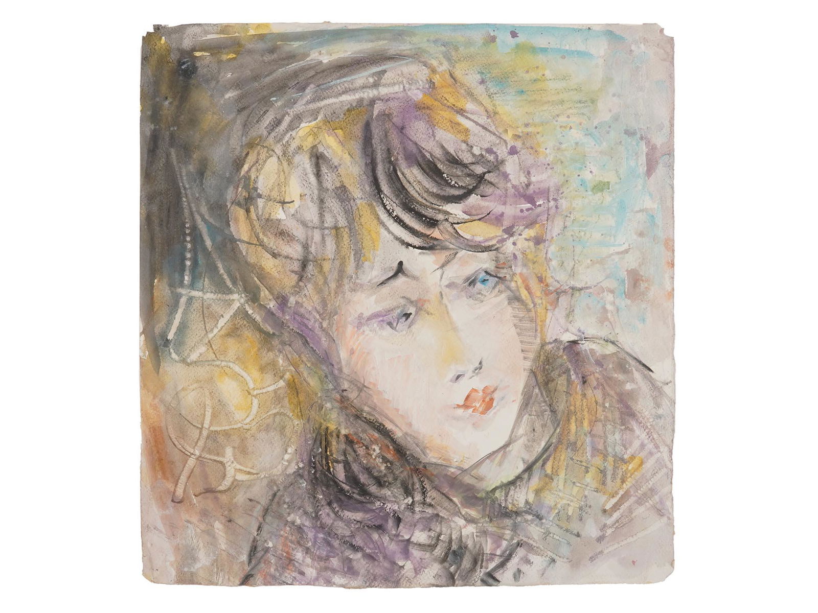 RUSSIAN MIXED MEDIA PAINTING BY ANATOLY ZVEREV: Anatoly Timofeivich Zverev, Russian Soviet, 1931 to 1986, mixed media painting on paper depicting a portrait of a woman from the series, Faces of Women, 1985. Signed with initials and dated lower left
