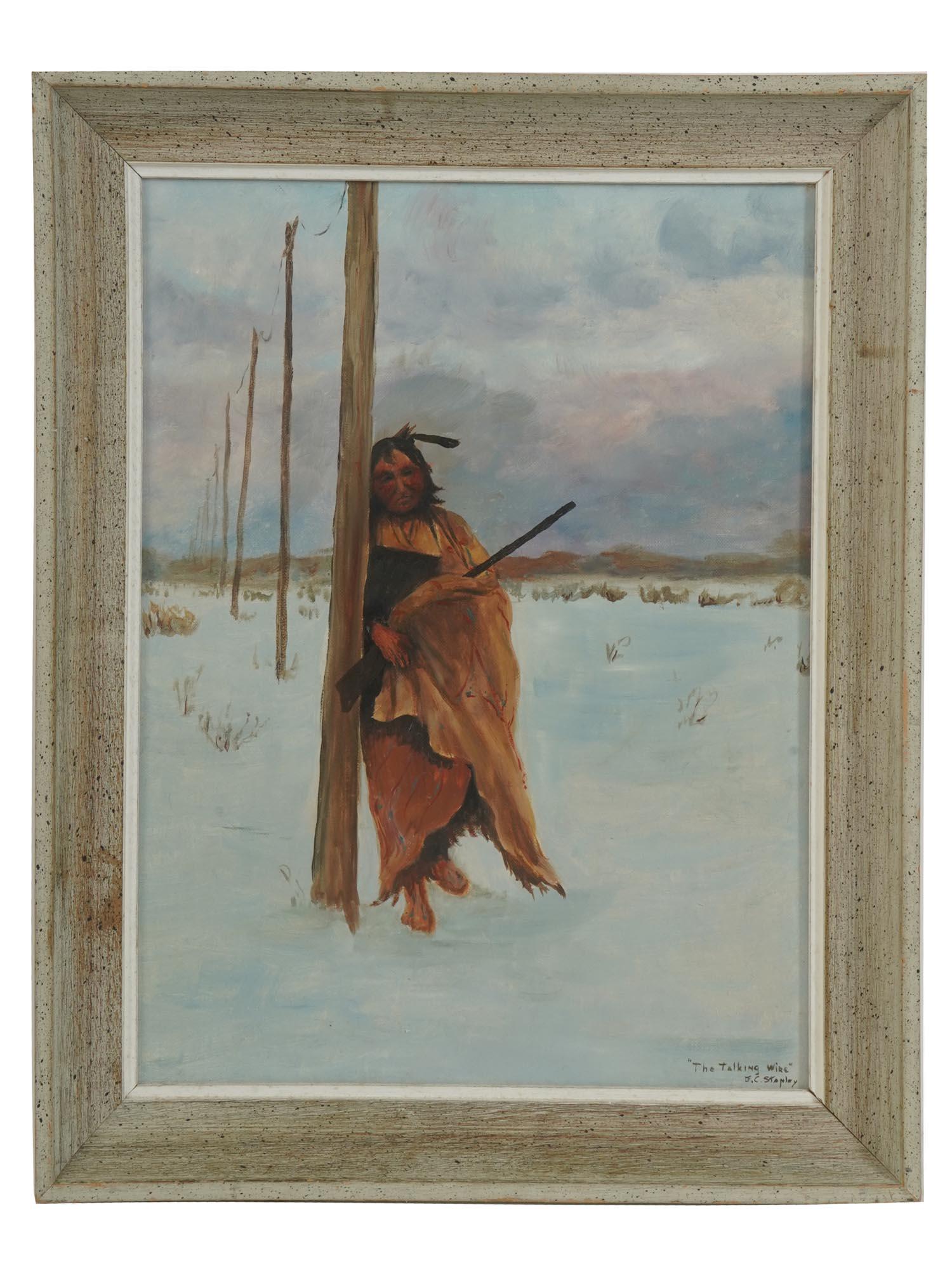THE TALKING WIRE OIL PAINTING BY E. C. STANLEY: A mid century oil on board painting depicting an Indian man with a gun. Titled The Talking Wire and signed E. C. Stanley lower right. Framed. Mid Century American Paintings For Collectors. Dimensions: