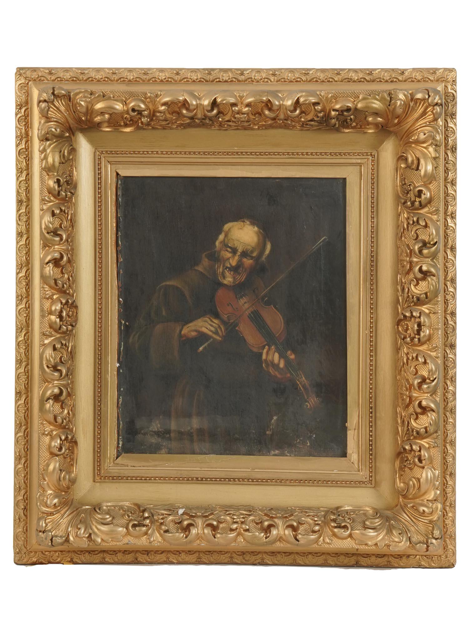 ANTIQUE 19 C PAINTING MONK PLAYING VIOLIN SIGNED (1 of 7)