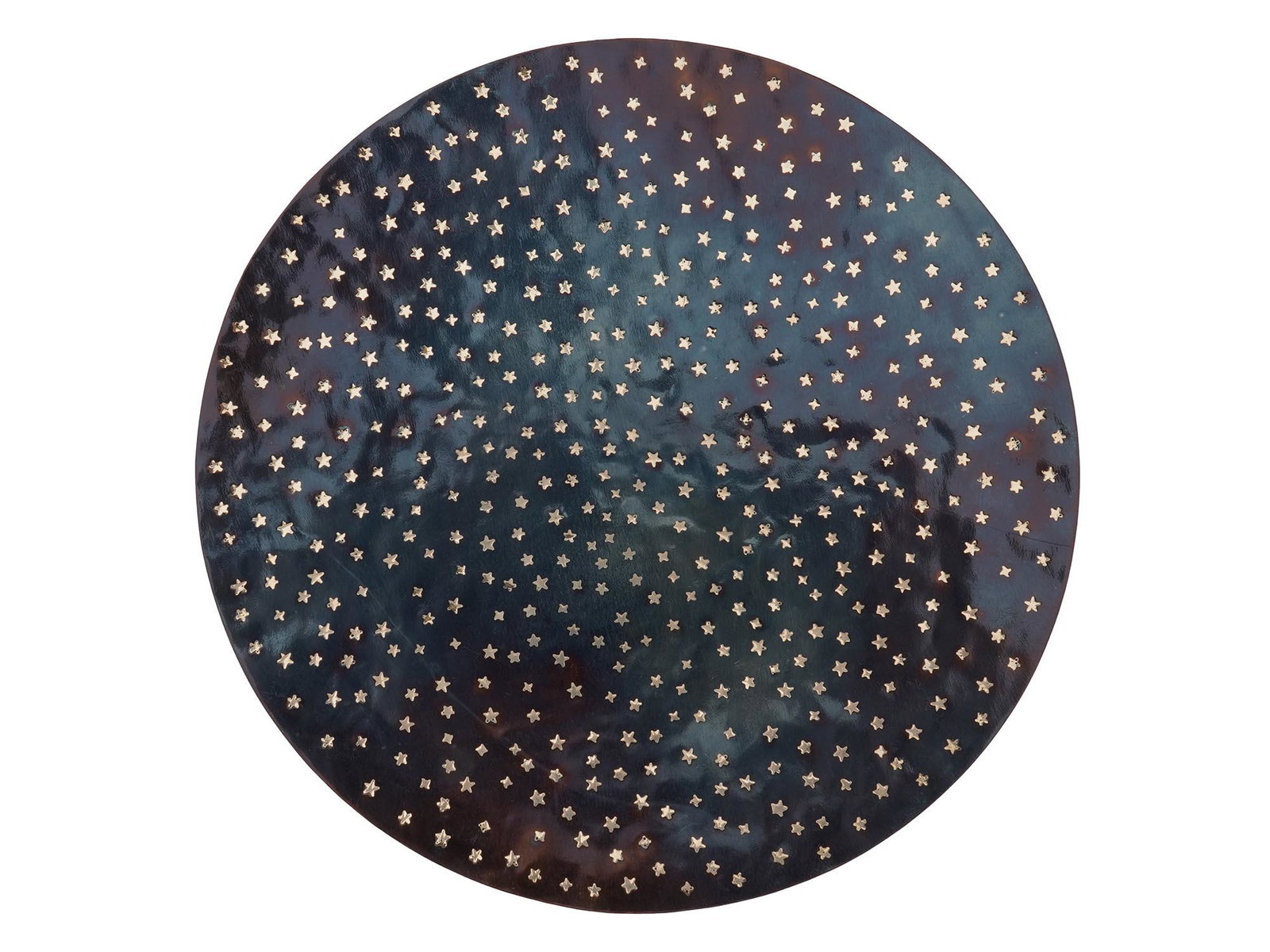 LOS CASTILLO TAXCO MEXICO CHASED PLATE CHARGER: A finely hand crafted serving plate, most likely made of a patinated copper with individually chased silver stars. Stamped on the back: LOS CASTILLO TAXCO, HECHO EN MEXICO, 101. Collectible Mexican Fo