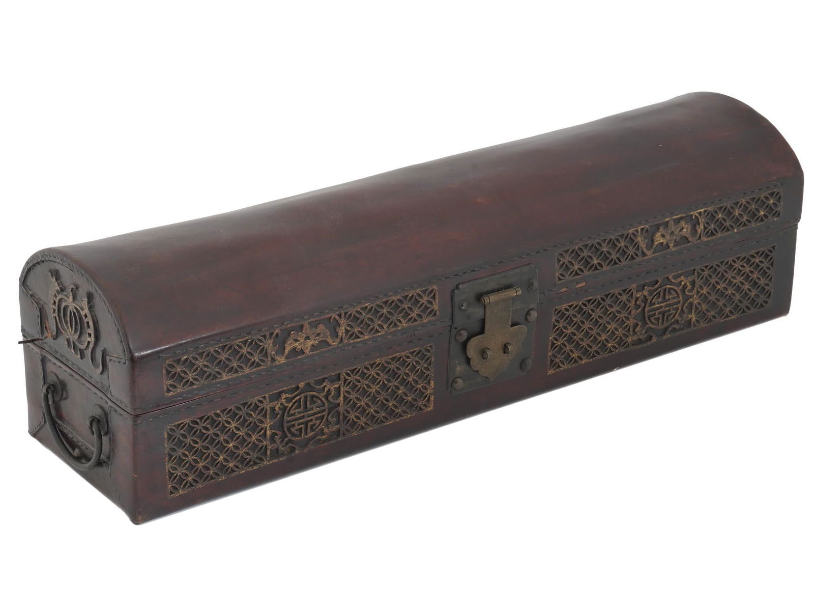 ANTIQUE CHINESE LEATHER AND WOOD CHEST WITH LOCK (1 of 11)