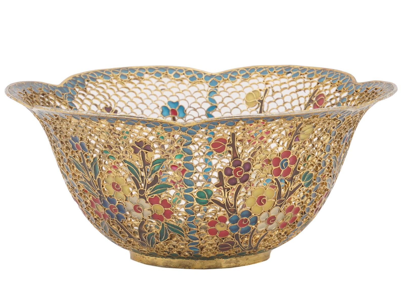 VINTAGE CHINESE PLIQUE A JOUR ENAMEL TONGHUA BOWL: A vintage Chinese Tonghua bowl. The bowl is enameled with a blue, purple, yellow, green, white and red foliage pattern made in the Plique A Jour technique. Circa: 20th century. Antique and Vintage Ena