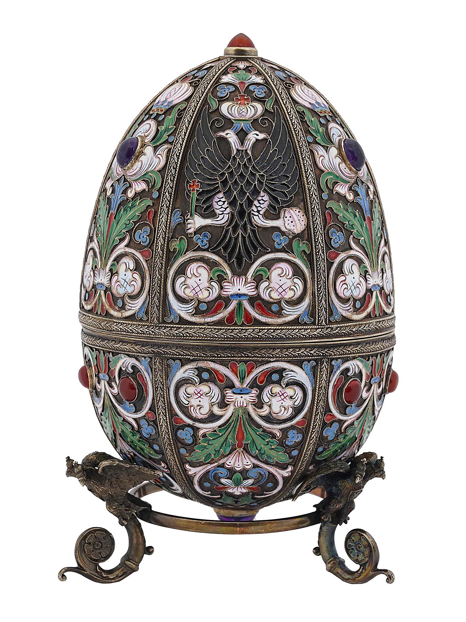 LARGE RUSSIAN SILVER ENAMEL EGG W IMPERIAL EAGLE (1 of 11)