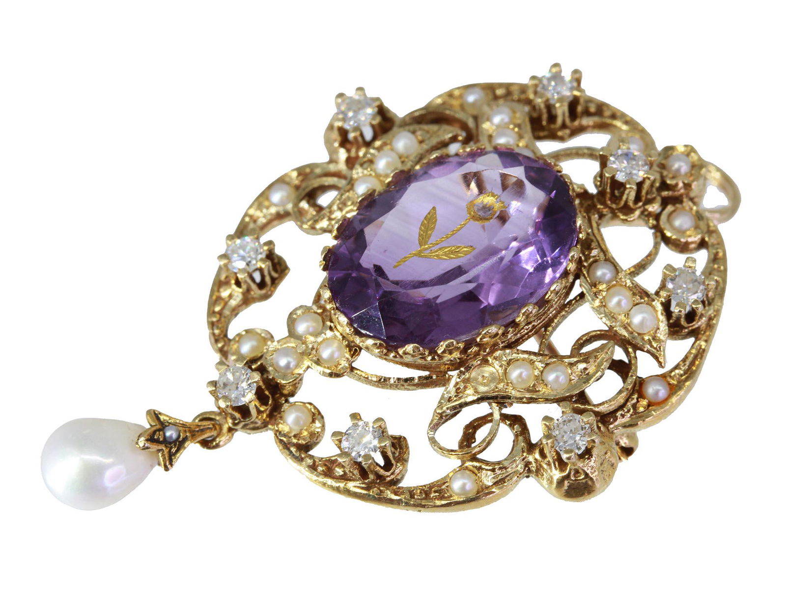 14K GOLD BROOCH W. AMETHYST, PEARLS AND DIAMONDS (1 of 3)