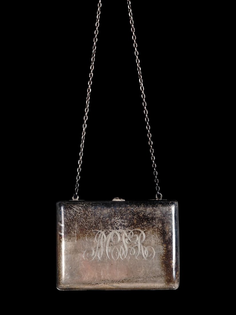 ENGRAVED STERLING SILVER COIN PURSE POUCH W CHAIN: A vintage rectangular shaped sterling silver coin purse or pouch. The purse is adorned with an engraved monogram on the front. A chain strap is attached to the loops on the top. Marked with a Sterling