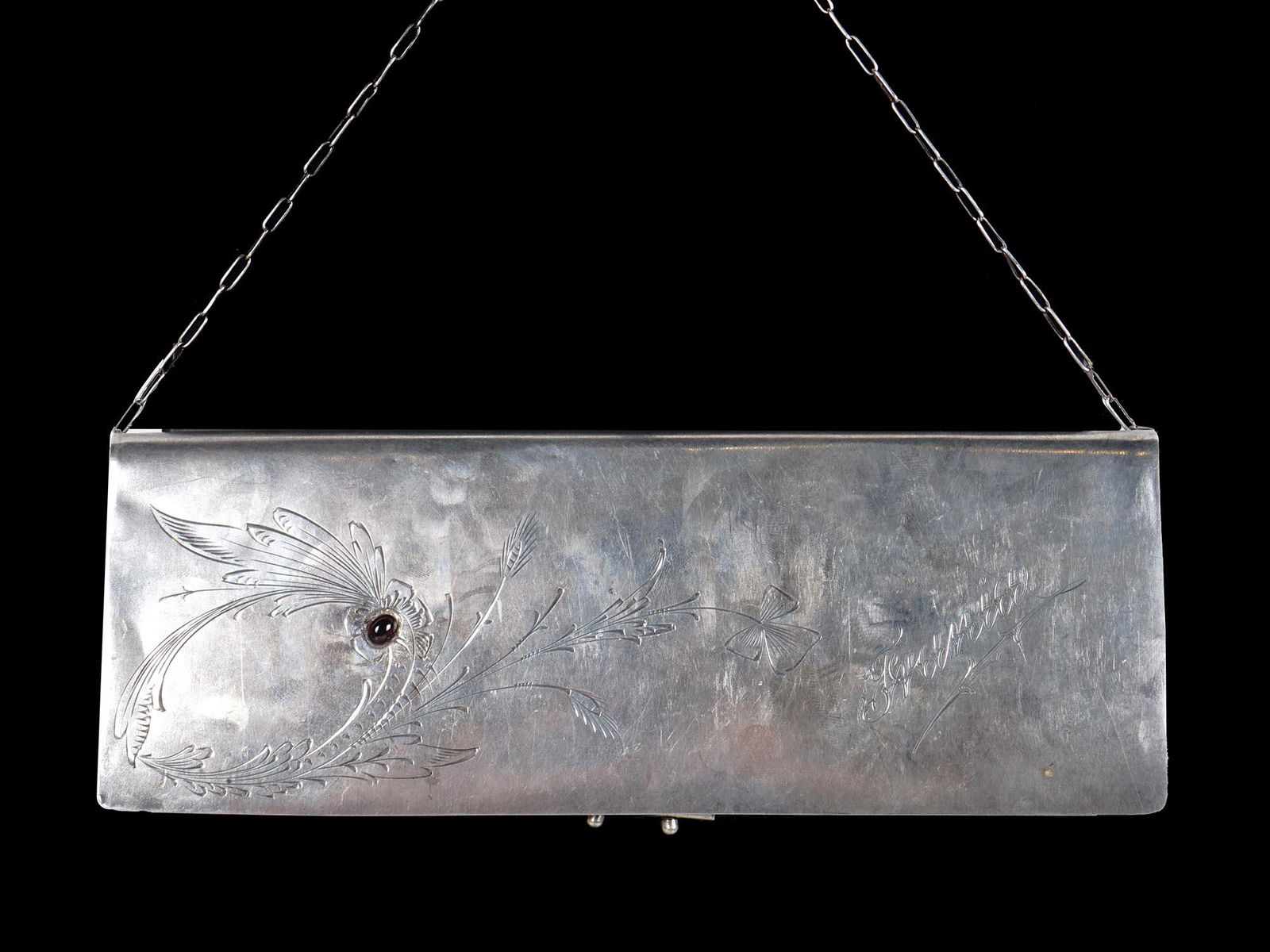 RUSSIAN ETCHED SILVER PURSE CLUTCH W RUBY STONE (1 of 8)