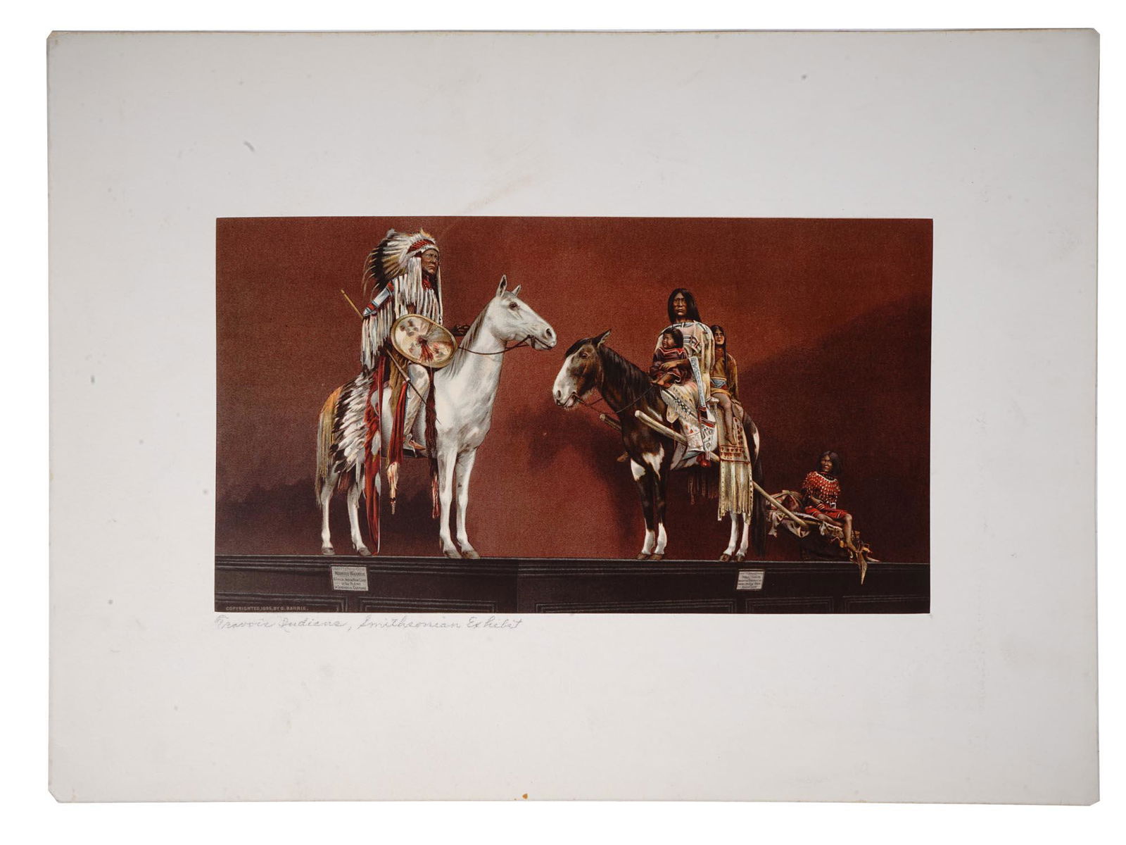 ANTIQUE 1895 GEORGE BARRIE COLOR TYPOGRAVURE: An antique American 19th century Chromo Typogravure print depicting Native American people in traditional dress on the Smithsonian Exhibition. Marked: Copyrighted 1895 by George Barrie. Matted. George