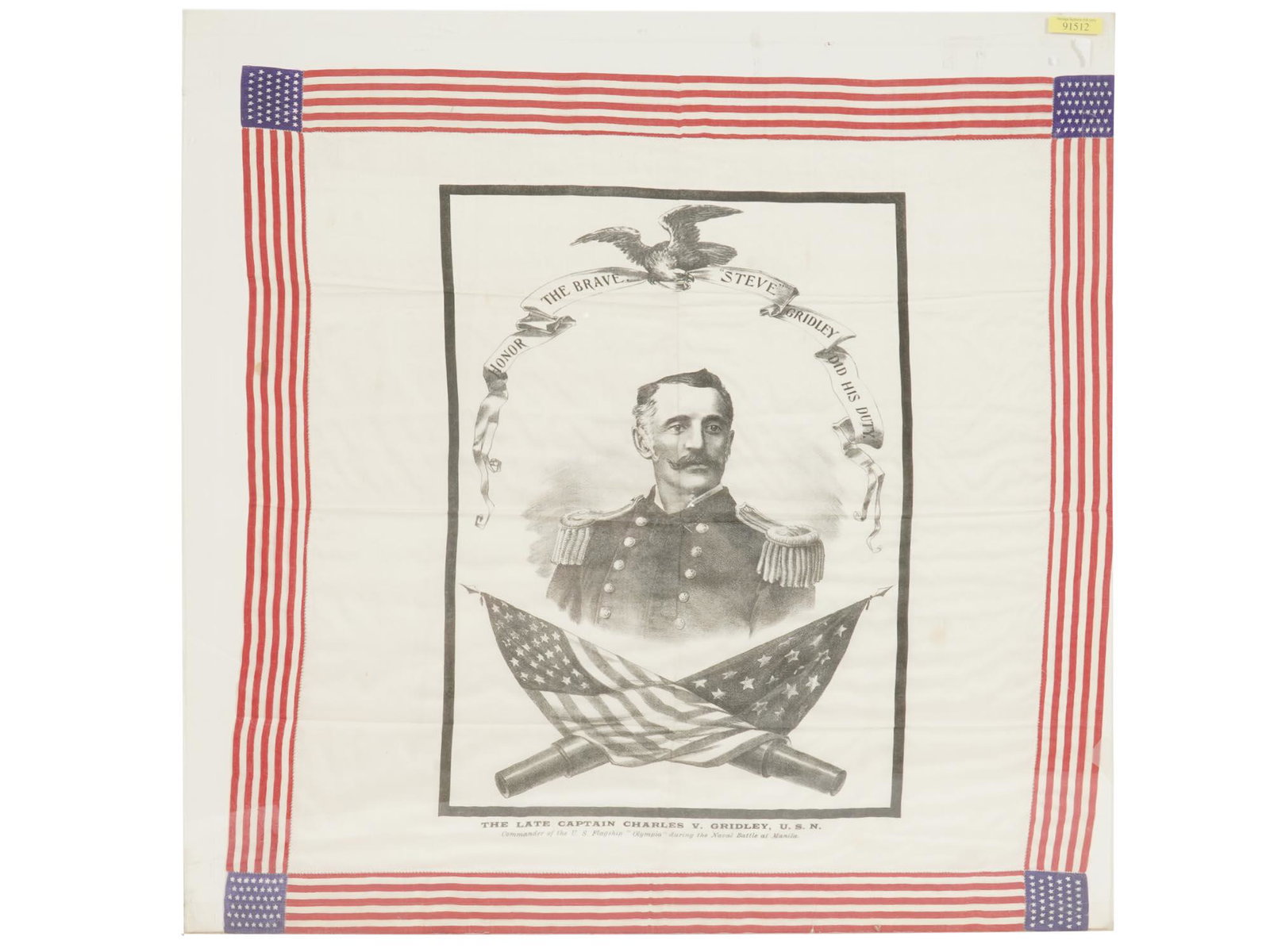 ANTIQUE CHARLES GRIDLEY MEMORIAL HANDKERCHIEF: An antique Captain Charles Vernon Gridley memorial handkerchief with the printed on silk portrait of Charles V. Gridley surrounded by military motifs and the banner reading Honor the Brave Steve Gridl
