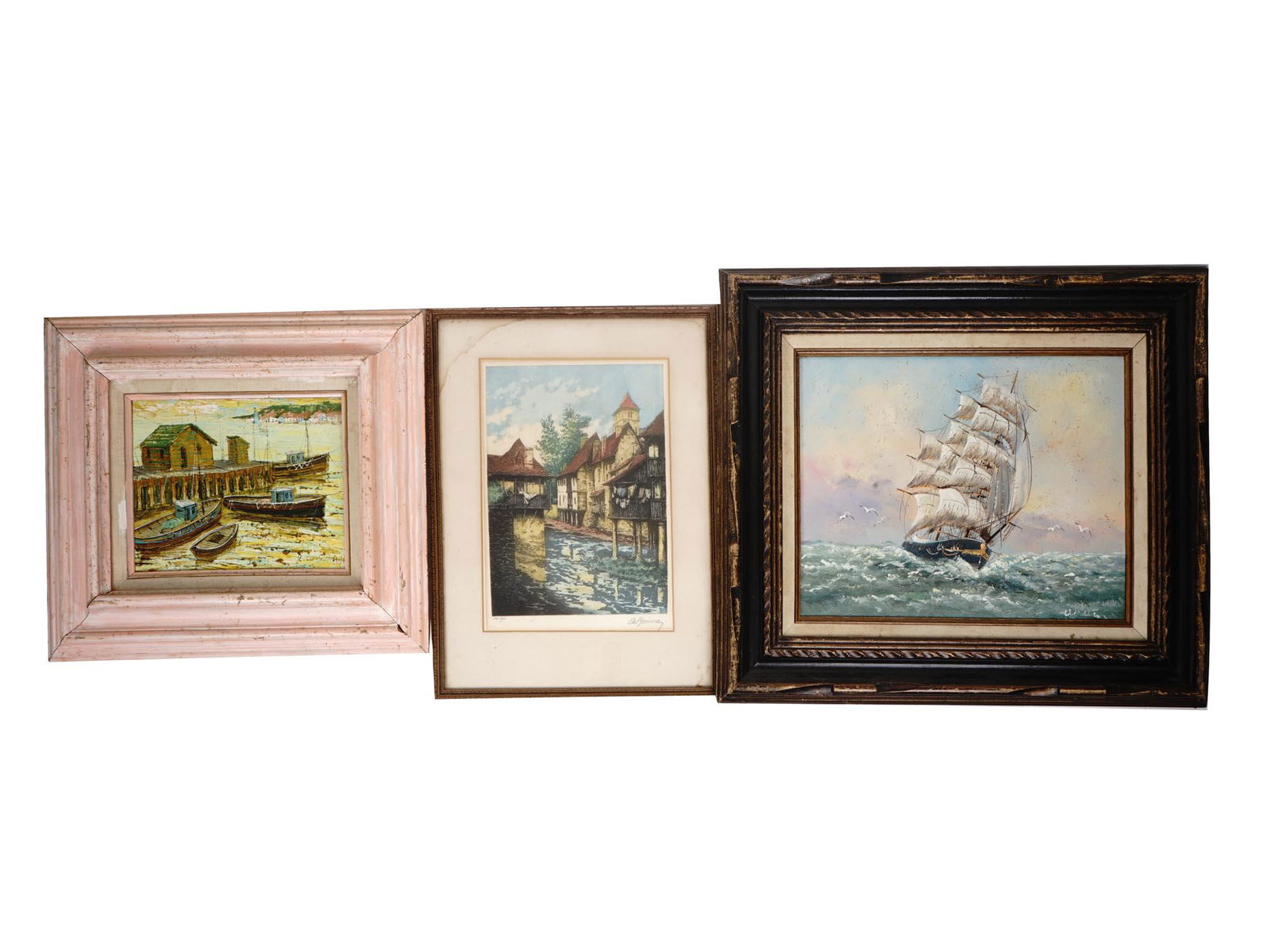 VINTAGE OIL MARINE PAINTINGS AND COLOR LITHOGRAPH (1 of 11)
