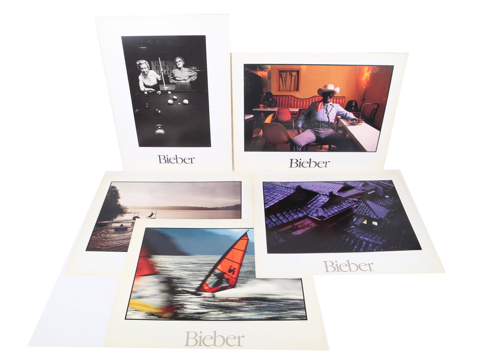 A SET OF FILM PHOTOS BY TIM BIEBER: Tim Bieber five black and white and color film photographic prints including photo portraits, nature and urban photo prints. All signed with the typed photograph's surname below. Tim Bieber is known f