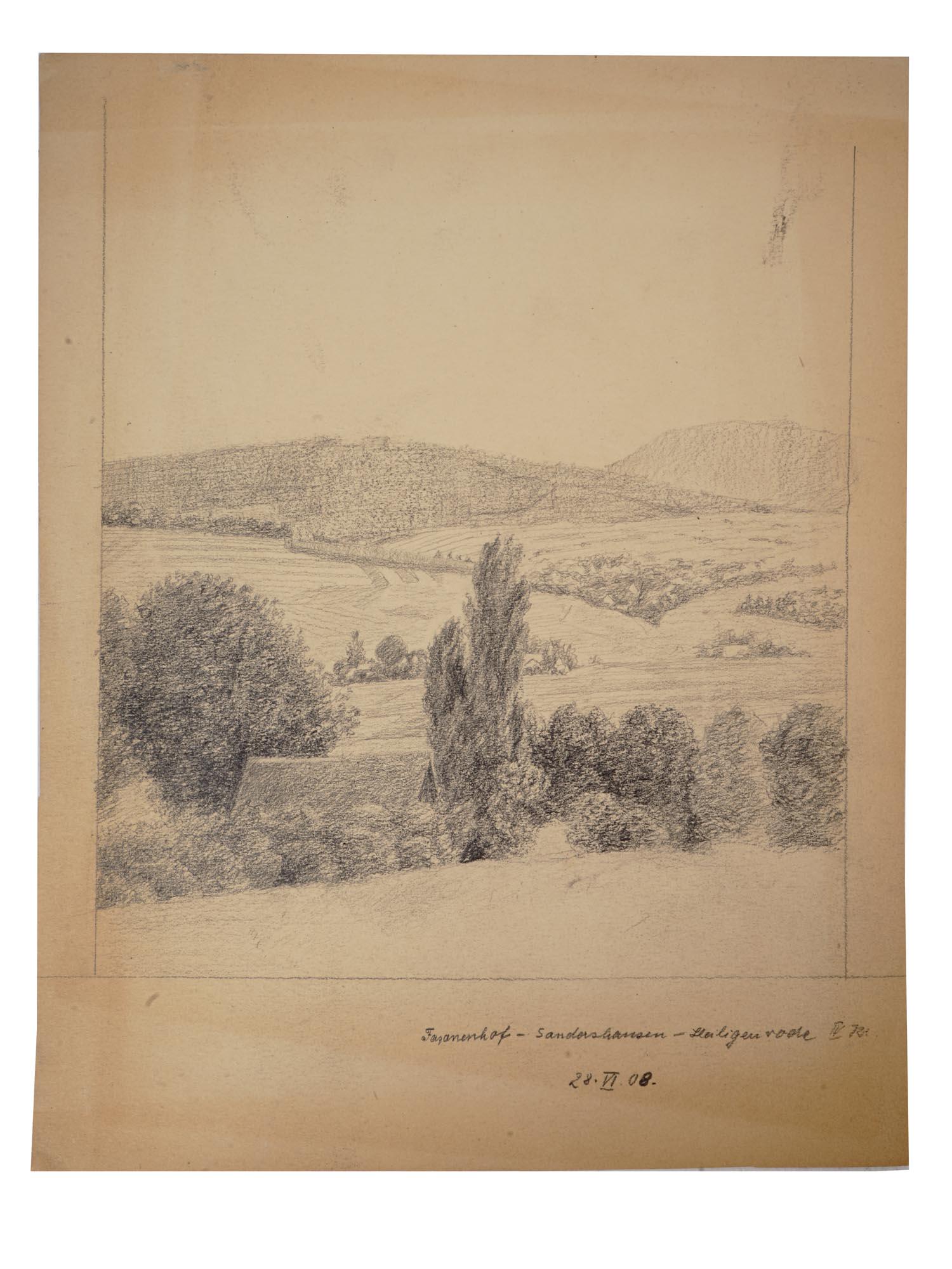 ANTIQUE GERMAN LANDSCAPE PENCIL DRAWING SIGNED (1 of 5)