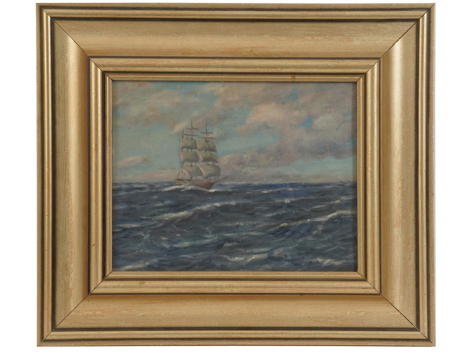 FRAMED NAUTICAL OIL PAINTING SAILING SHIP AT SEA (1 of 5)