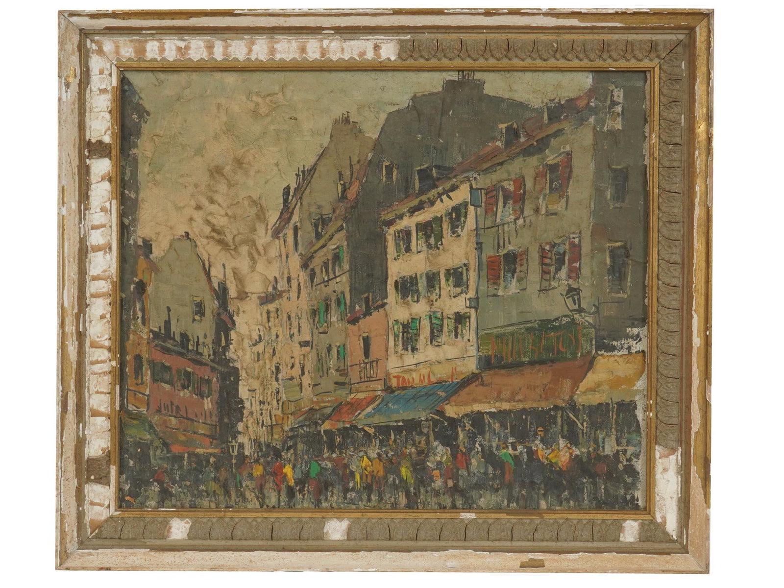 ANTIQUE FRENCH IMPRESSIONIST PAINTING UNSIGNED: An antique French impressionist oil on canvas painting depicting an overcrowded street in Paris. Unsigned. Circa the late 19th or the early 20th century. Framed. Antique French Impressionist Paintings