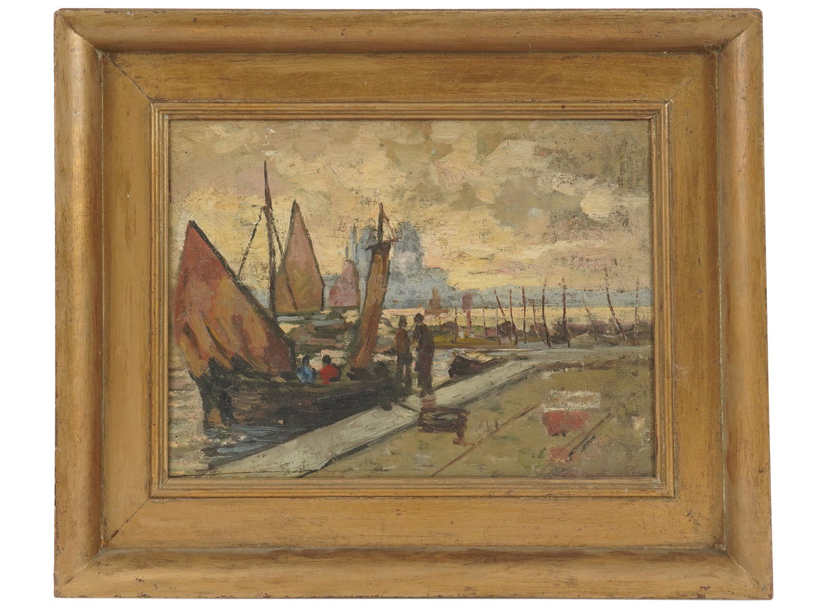 ANTIQUE ARABIC IMPRESSIONIST OIL PAINTING SIGNED: An antique Arabic, probably, Pakistani, oil painting on board depicting a port scene with a seascape and ships in the manner of Impressionism, 1904. Signed by the artist, A. M. Khaldah, and dated on t