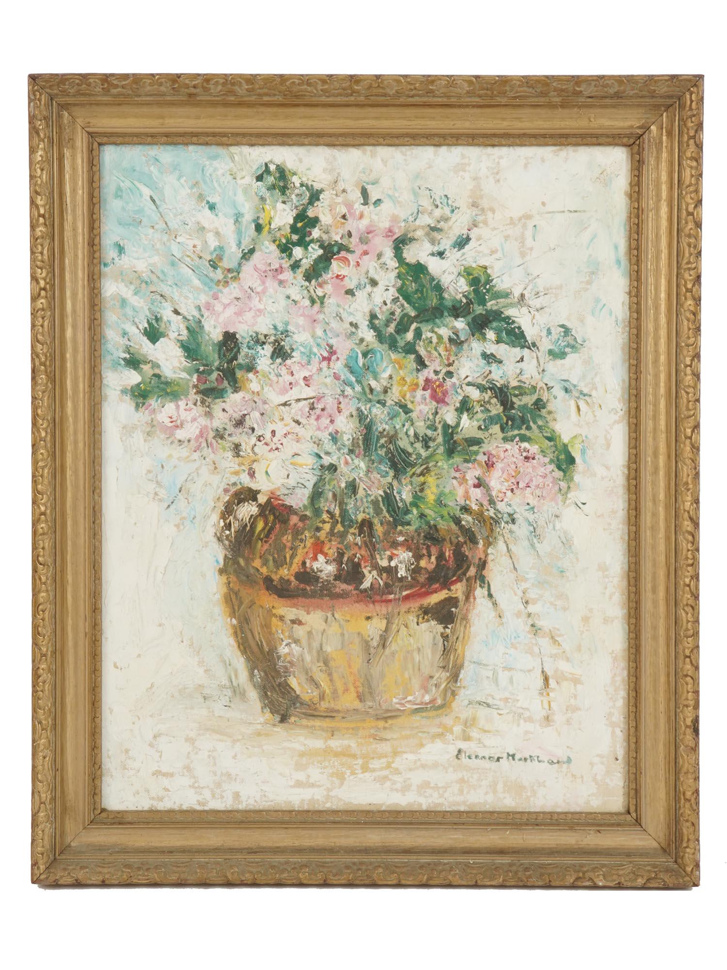 IMPRESSIONIST STYLE OIL PAINTING SIGNED BY ARTIST: A vintage oil painting on canvas depicting a still life with flowers in the manner of Impressionism. Signed by the artist, Eleanor Markhand, lower right. Circa: 20th century. Framed. Impressionism is 