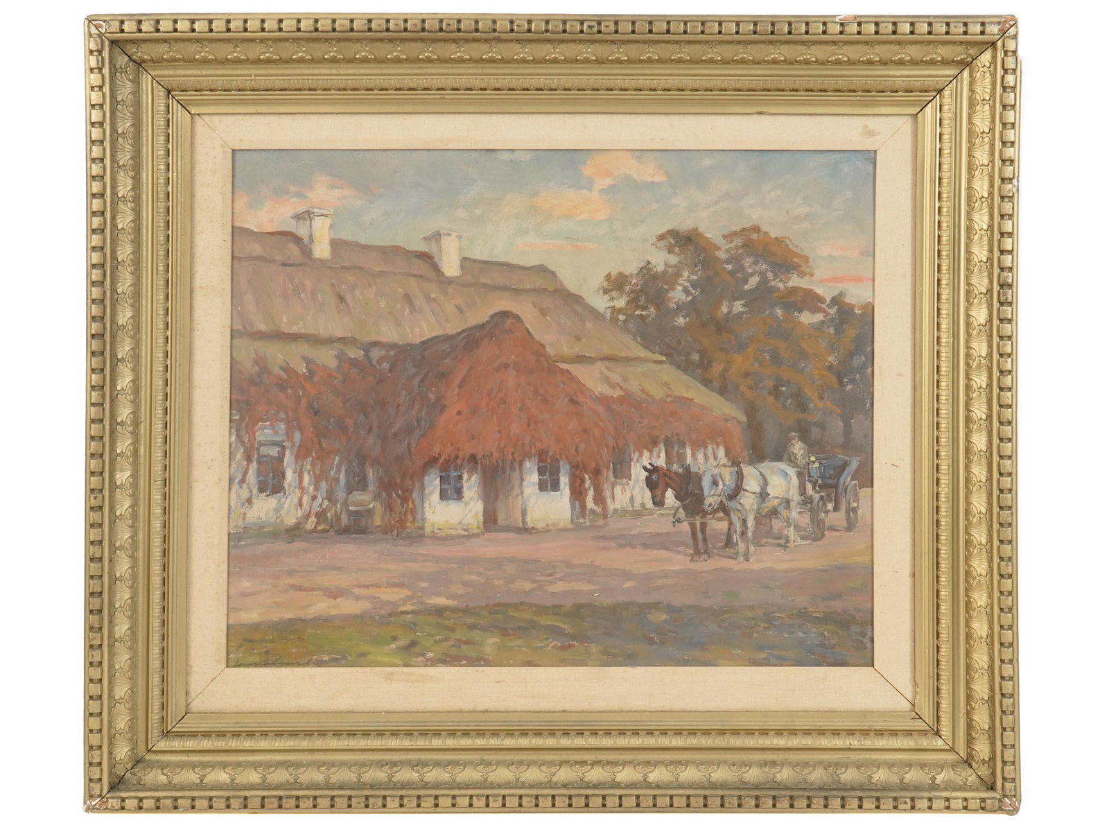 POLISH IMPRESSIONIST PAINTING FARMHOUSE SIGNED: Oil on board painting depicting a rural landscape, a farmhouse with a horse carriage. Impressionist pictorial manner. Titled Dworek Pod Strzecha, Cottage Under Thatch on the backside. Signed in the lo