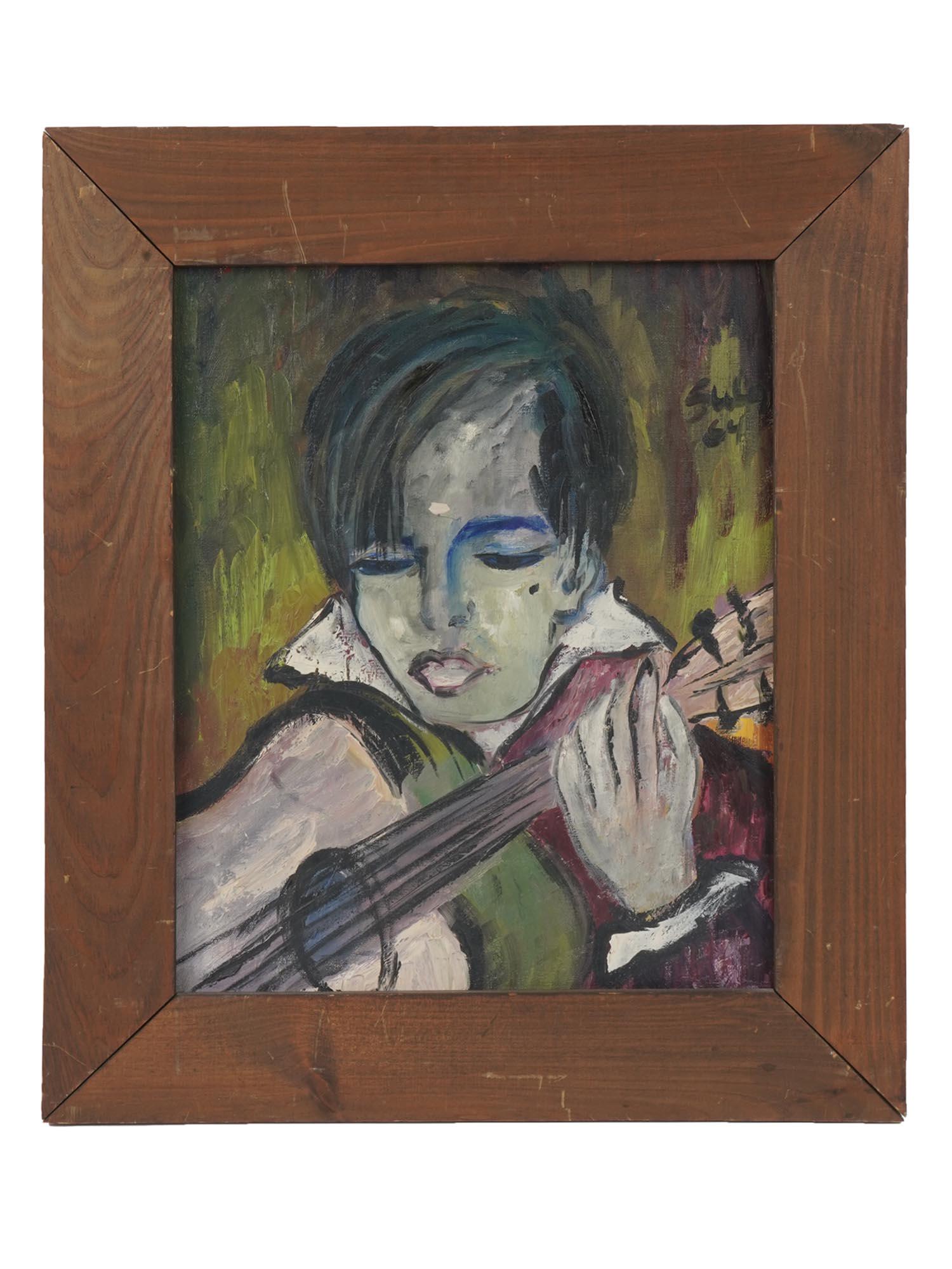 VINTAGE AMERICAN PORTRAIT PAINTING BY KAREL SULA: Karel Sula, Czech, 1900 to 1979, oil on canvas portrait painting depicting a man with a guitar. Signed and dated 1964 upper right. Framed. Karel Sula is known for portrait and landscape paintings, tec