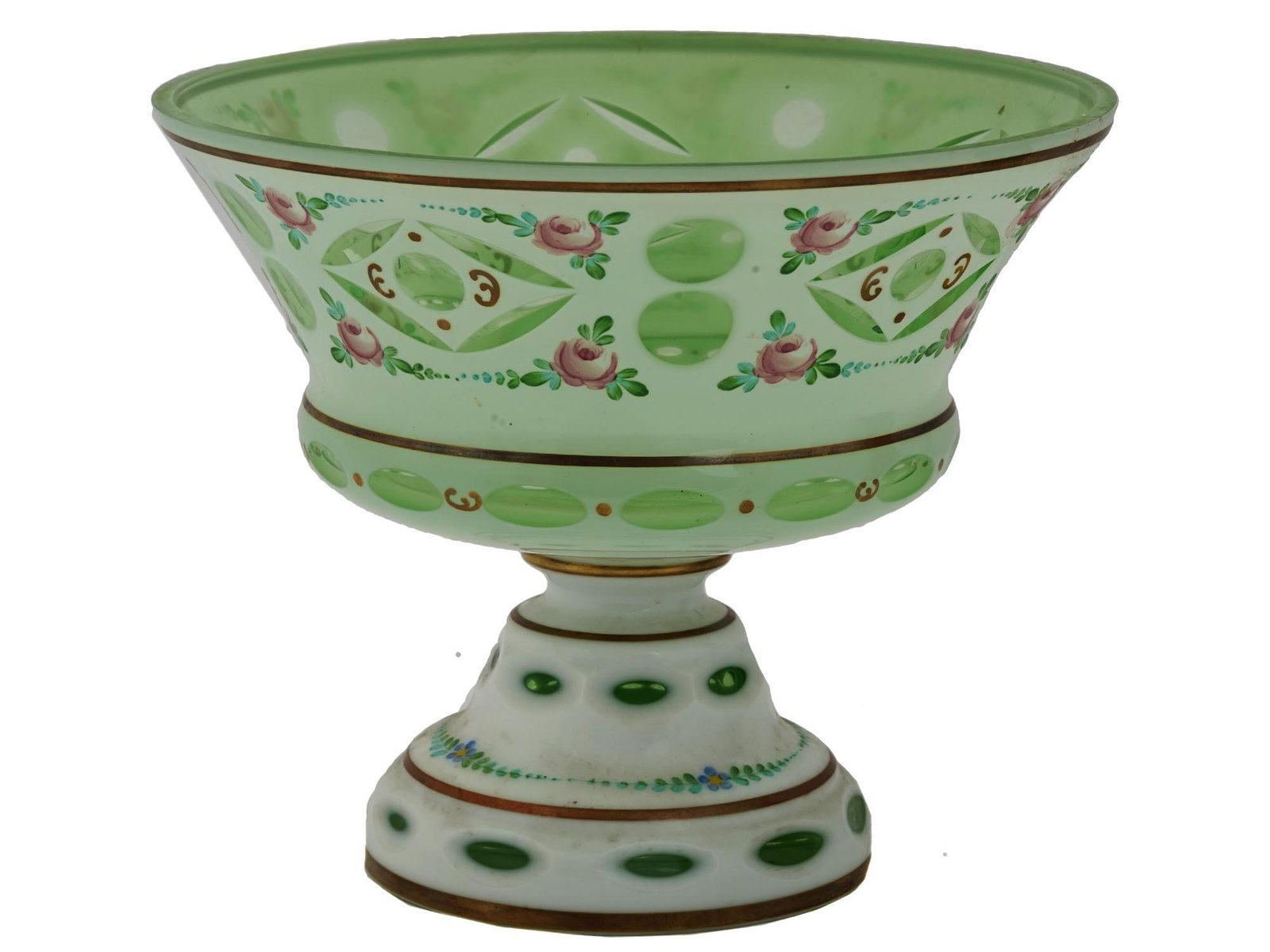 RARE LARGE BOHEMIAN GREEN GLASS FOOTED FRUIT BOWL (1 of 6)