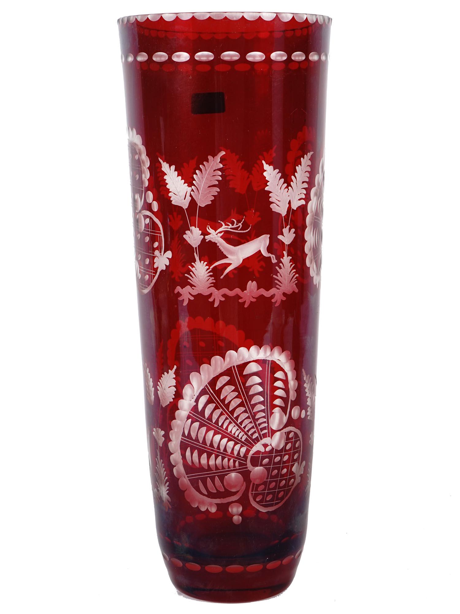 MID CENTURY GERMAN RUBY RED ETCHED CRYSTAL VASE (1 of 10)