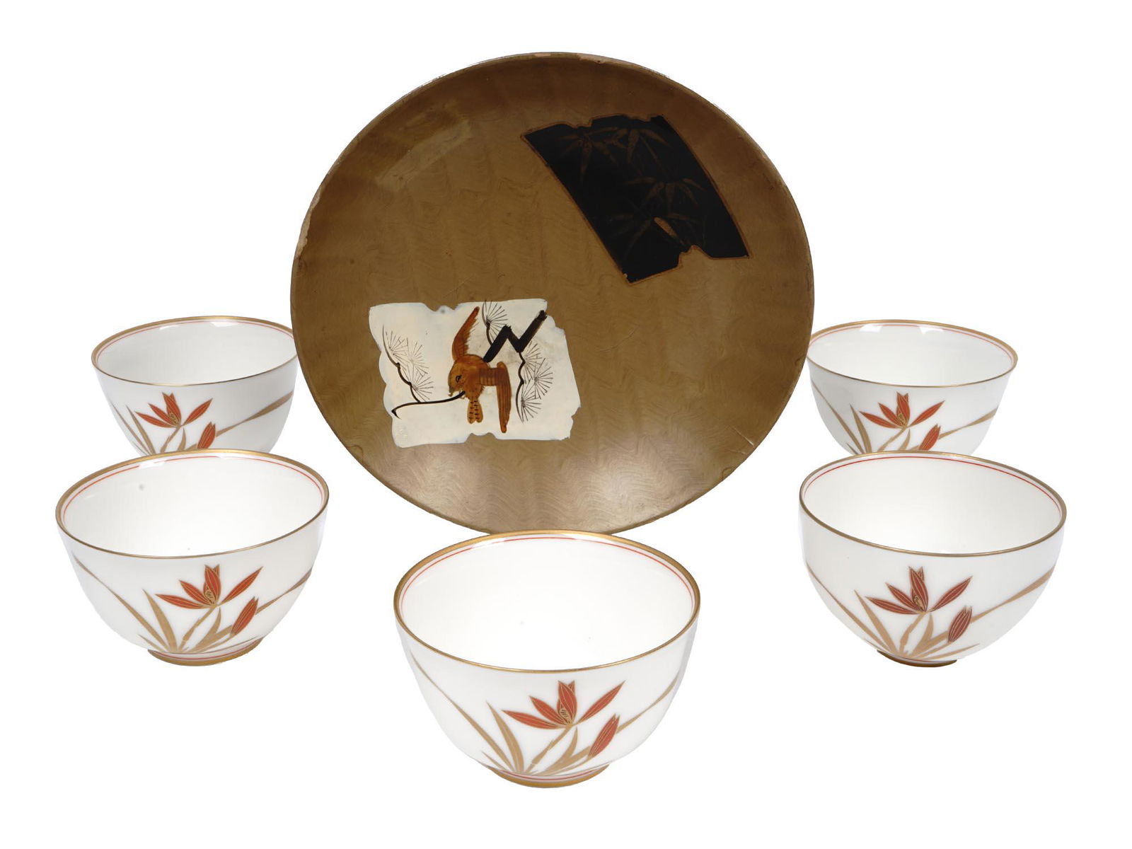 JAPANESE LACQUER BOWL PORCELAIN CUPS SET OF 6 PCS (1 of 11)