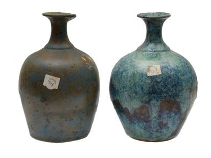 A PAIR OF ARTISTIC CERAMIC VASES BY LEA HALPERN: A pair of artistic ceramic vases with turquoise brown and blue glaze by Lea Halpern (Dutch, American, 1901-1985). Each signed by the artist, L. H., and numbered, 454, 722, on the bottom. Lea Halpern w