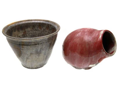 A PAIR OF ARTISTIC CERAMIC VASES BY LEA HALPERN: A pair of artistic ceramic vases covered with brown, grey, white, and red glaze by Lea Halpern (Dutch, American, 1901-1985). Each signed by the artist, L. Halpern, and numbered, 549, 482, on the botto