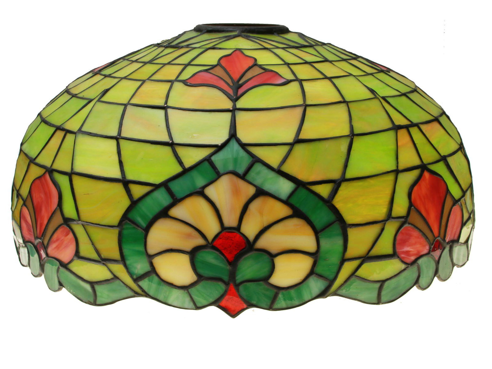 VINTAGE AMERICAN COLOR GLASS SHADE, EARLY 20TH C: An American Leaded Glass Shade, attributed to Wilkinson Co., early 20th-century. Of domed form, decorated with a repeating motif of stylized blossoms, in striated yellow, green and red colored glass a