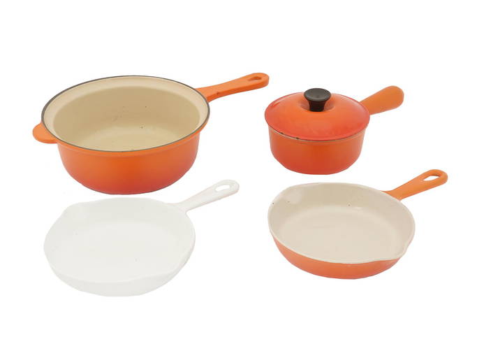 Four Vintage Le Creuset Cast Iron Pots And Pans