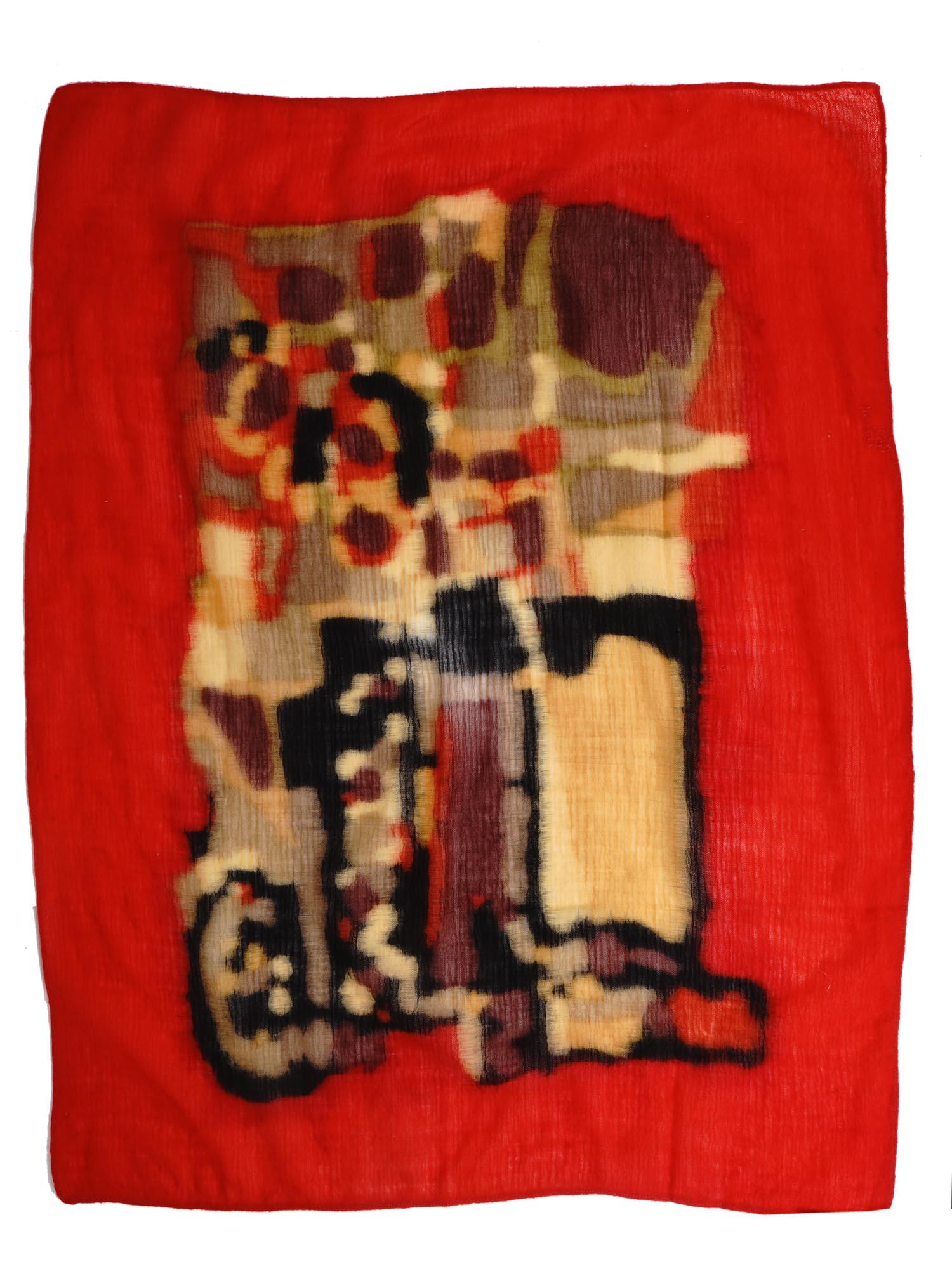 VINTAGE ENGLISH LIBERTY LONDON SCARF NECKERCHIEF: A vintage English British scarf or neckerchief depicting an abstract composition on a red ground, Liberty of London. Made of polyester. Marked with a sewn label, Made in England. Vintage European Scar