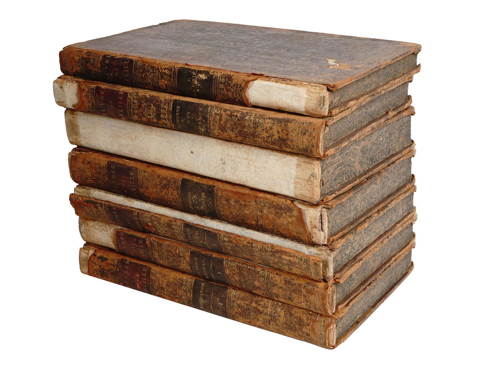 ANTIQUE BOOKS OUVRES DE JACQUES DELILLE 7 VOLUMES: An antique book set titled Ouvres de Delille, Works of Delille, that comprises original literary works by Jacques Delille, 1738-1813, a French poet who became famous for his translations of ancient Gr